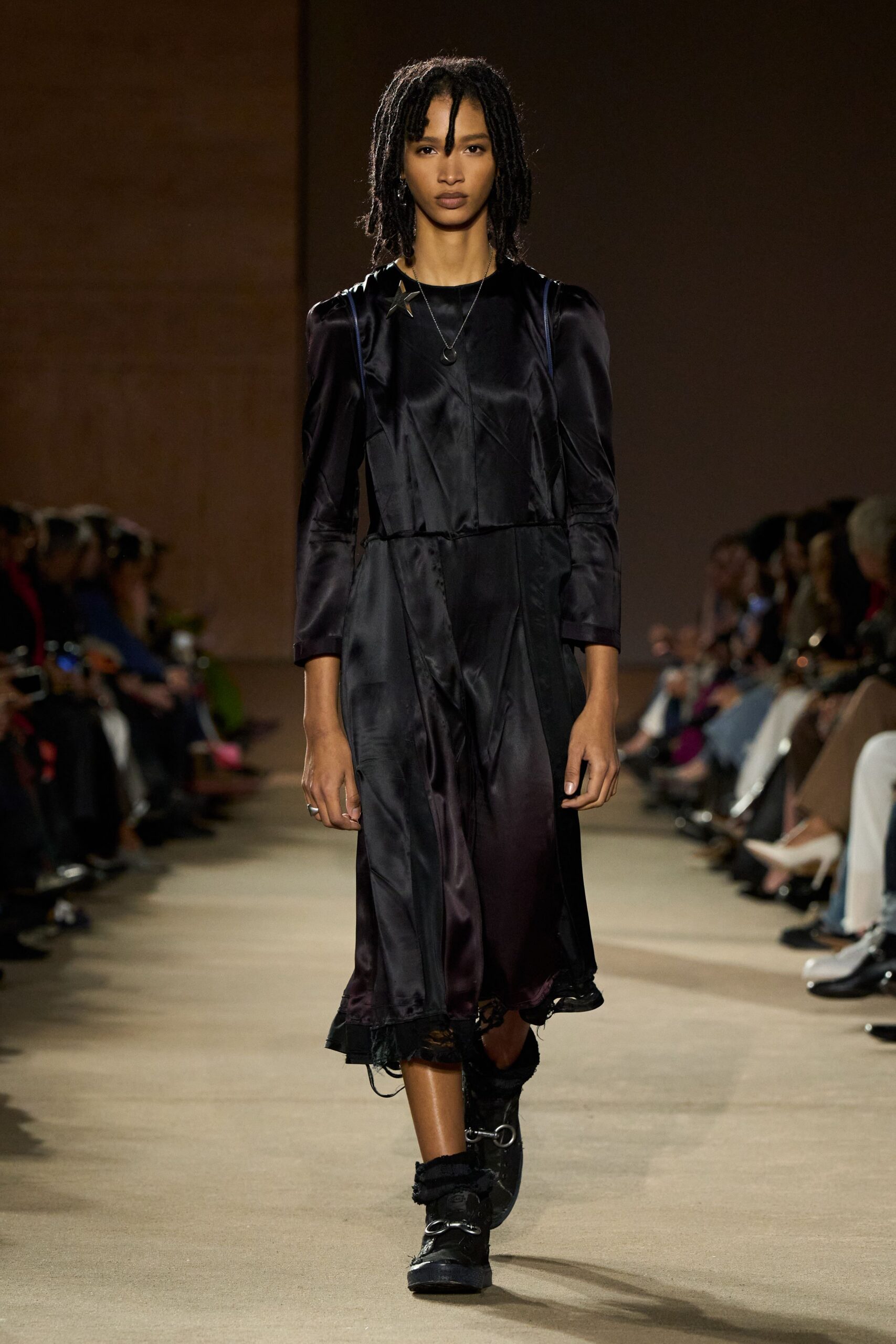 black silk long-sleeve v-neck fitted pleated layered dress