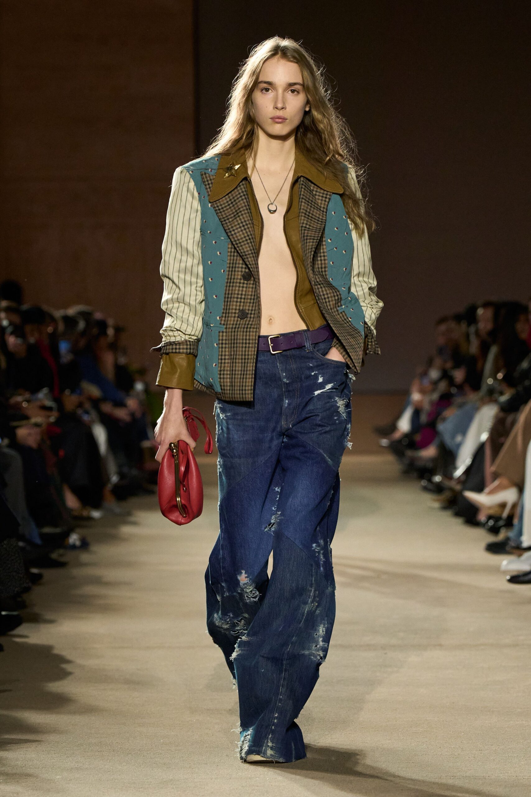 relaxed patchwork jacket with distressed jeans