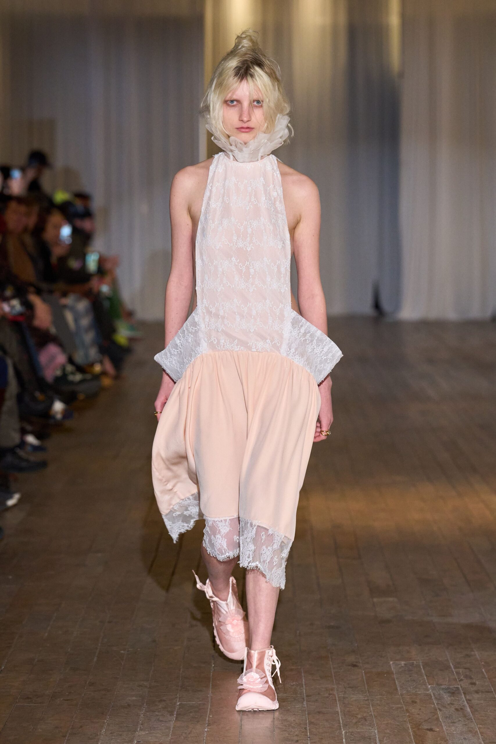 white lace sleeveless high-neck fitted layered pleated dress