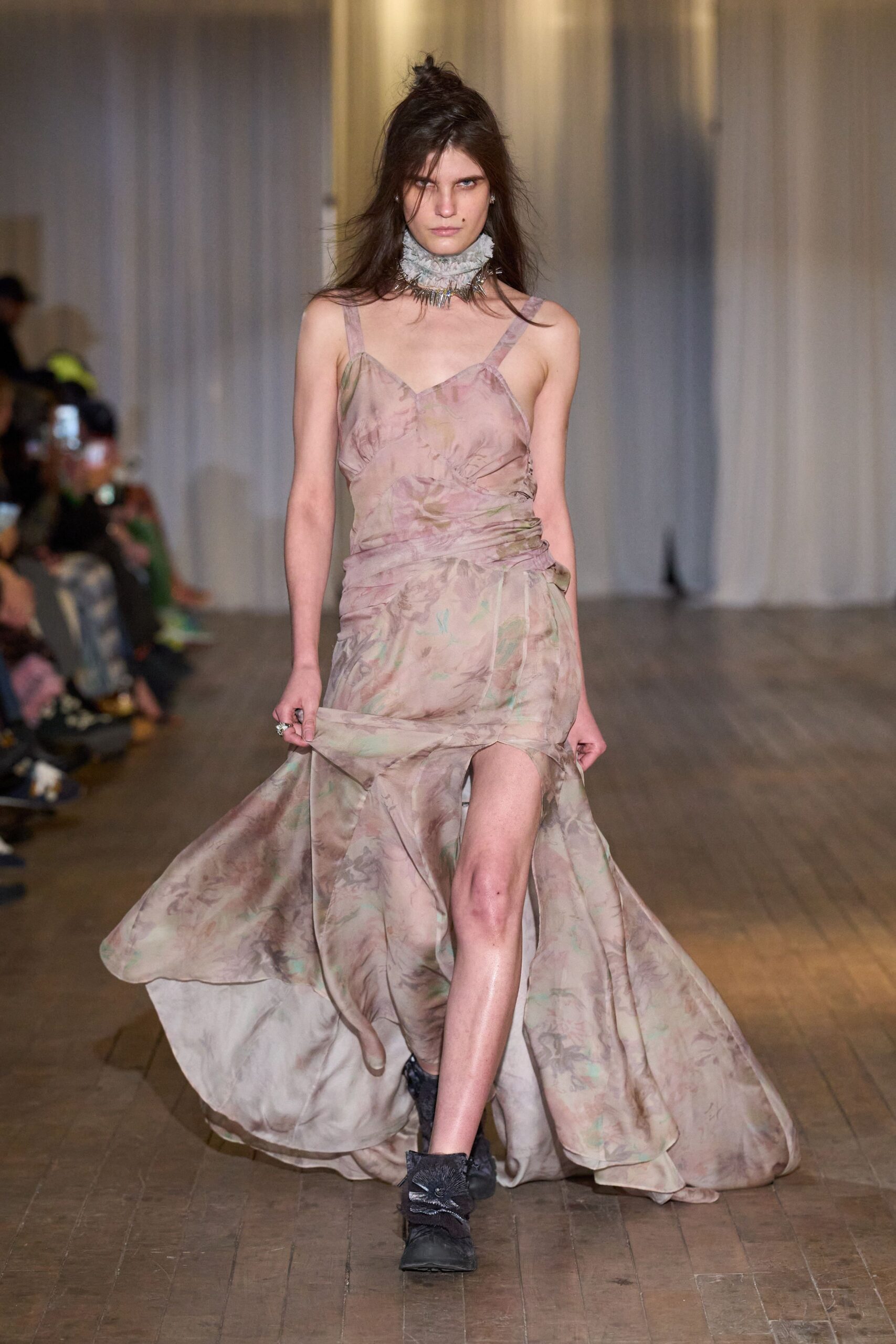 pink silk sleeveless v-neck fitted draped flared dress