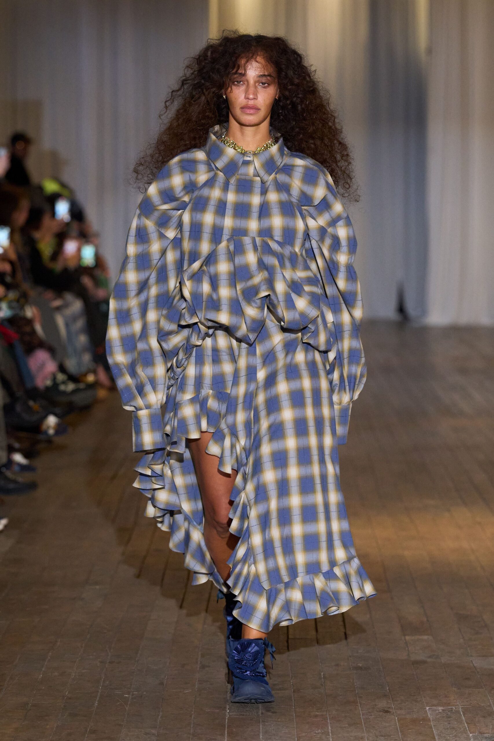 blue cotton long-sleeve collared relaxed checked ruffled dress
