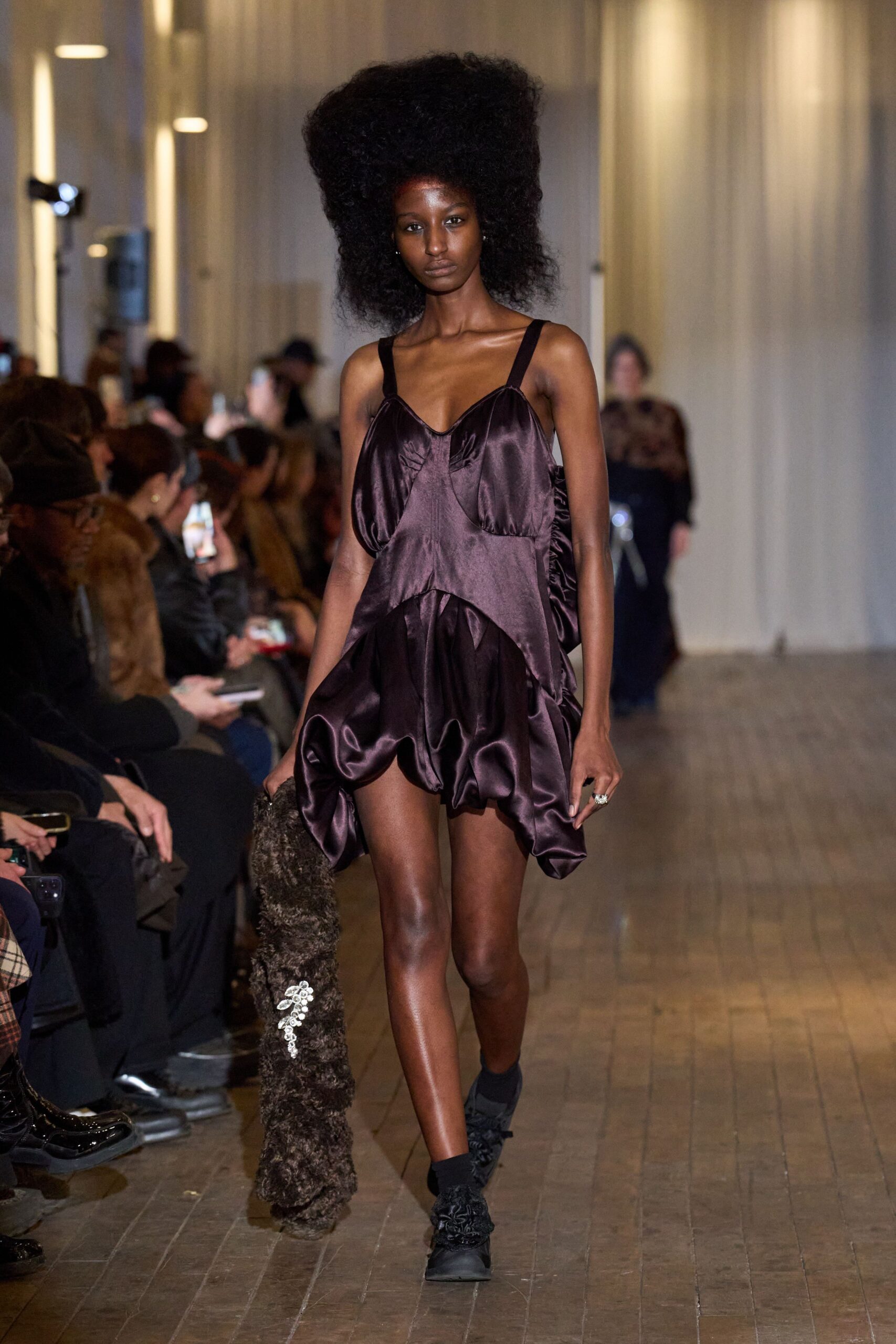 purple silk sleeveless v-neck fitted ruffled flowing dress