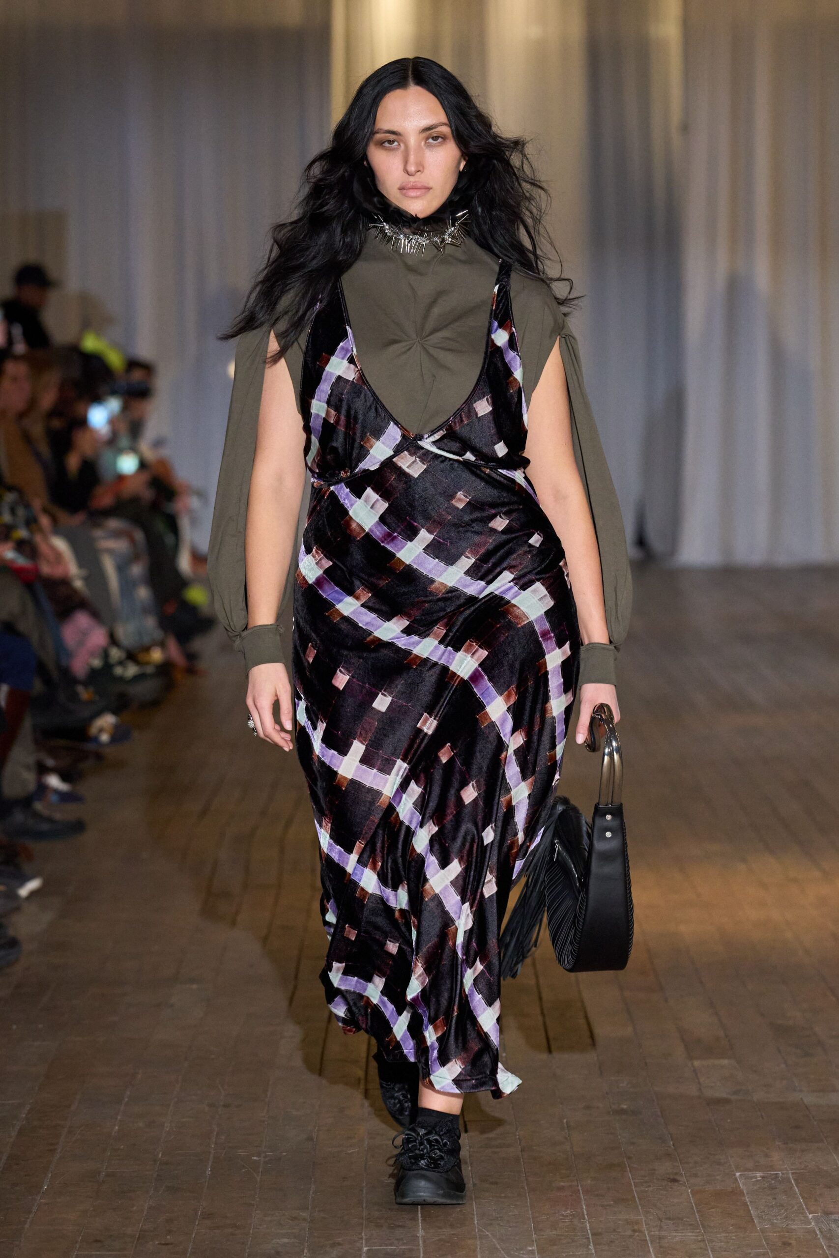 black and purple pleated midi dress