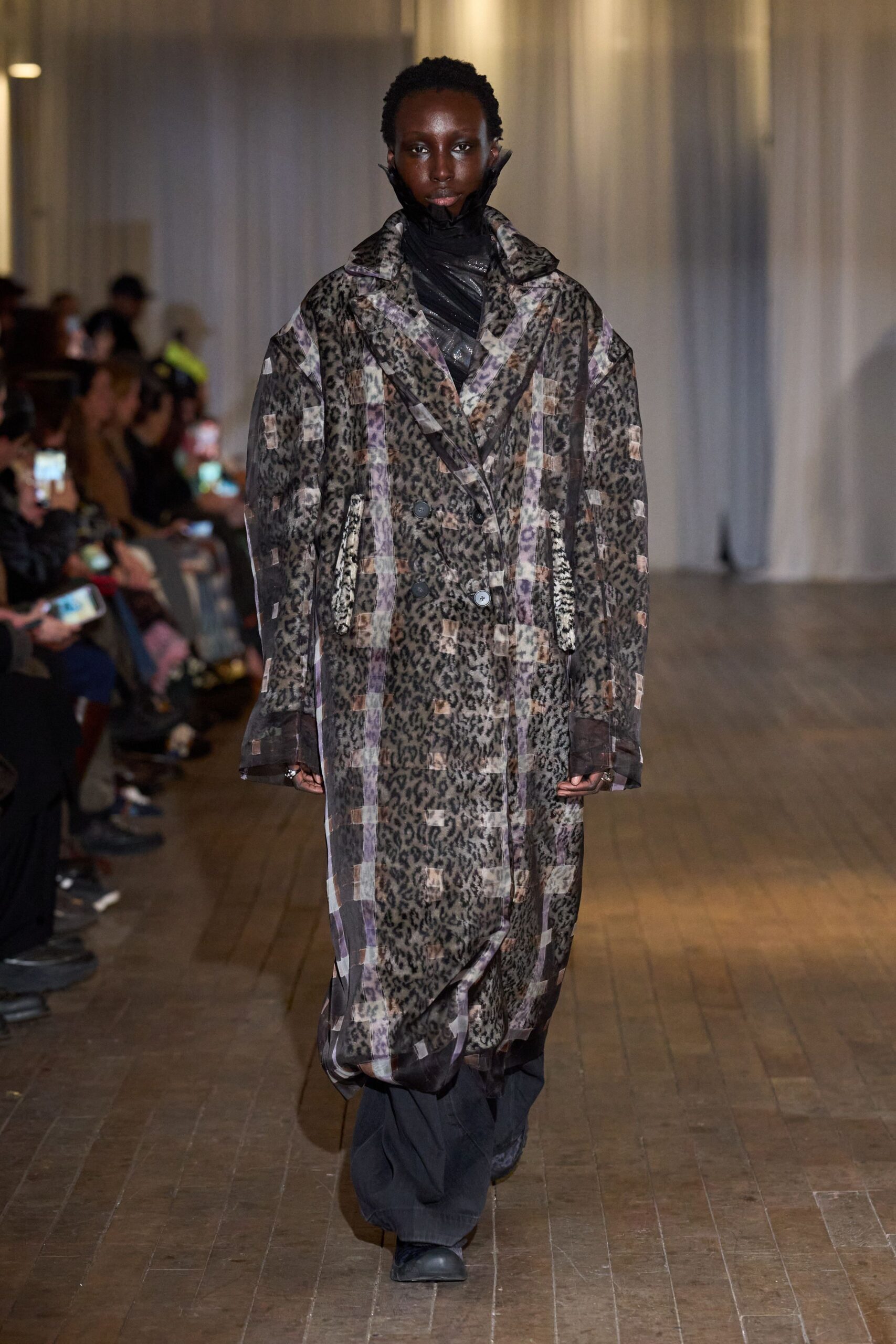 brown silk long-sleeve collared relaxed animal-print layered coat