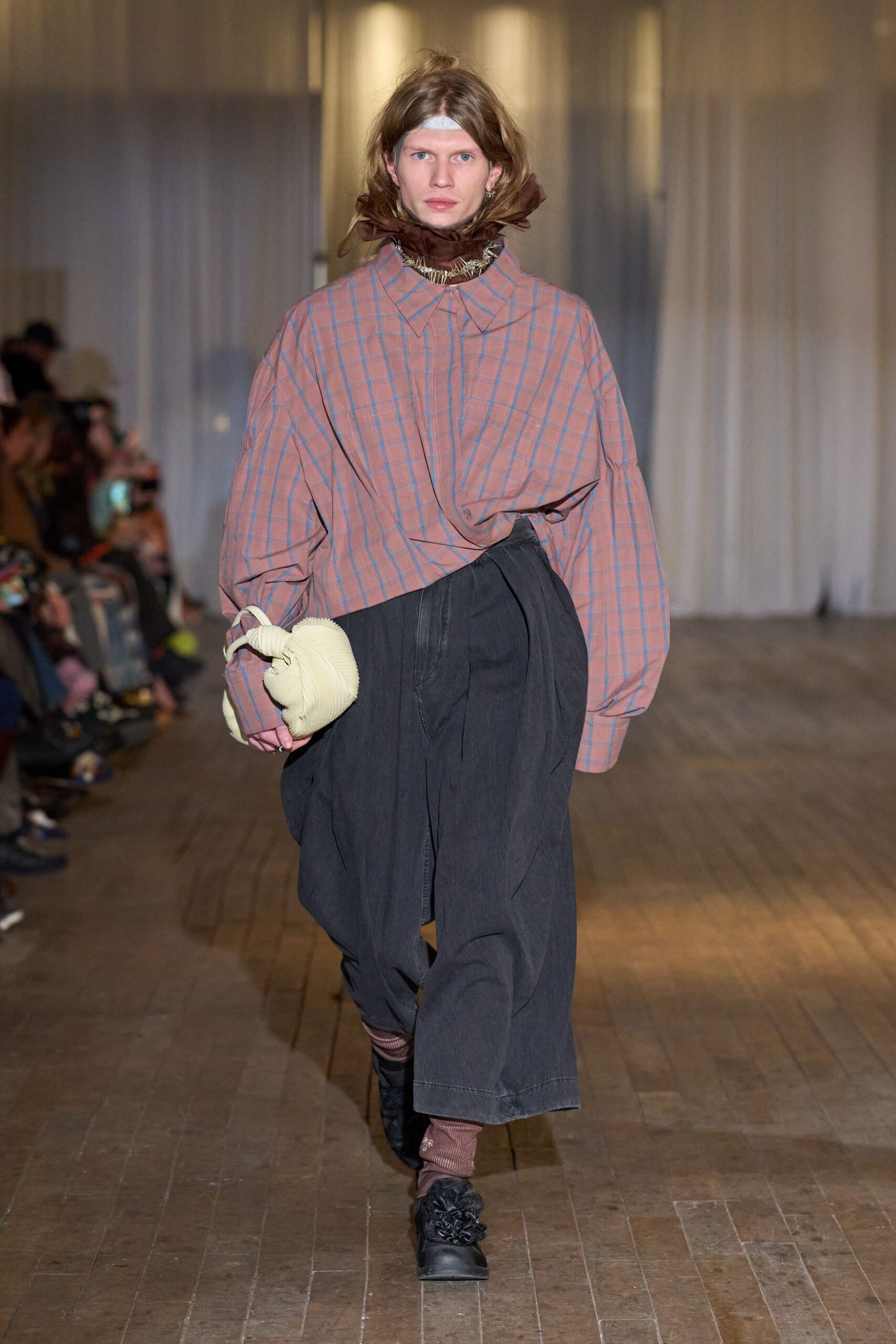 pink cotton long-sleeve collared oversized checked shirt