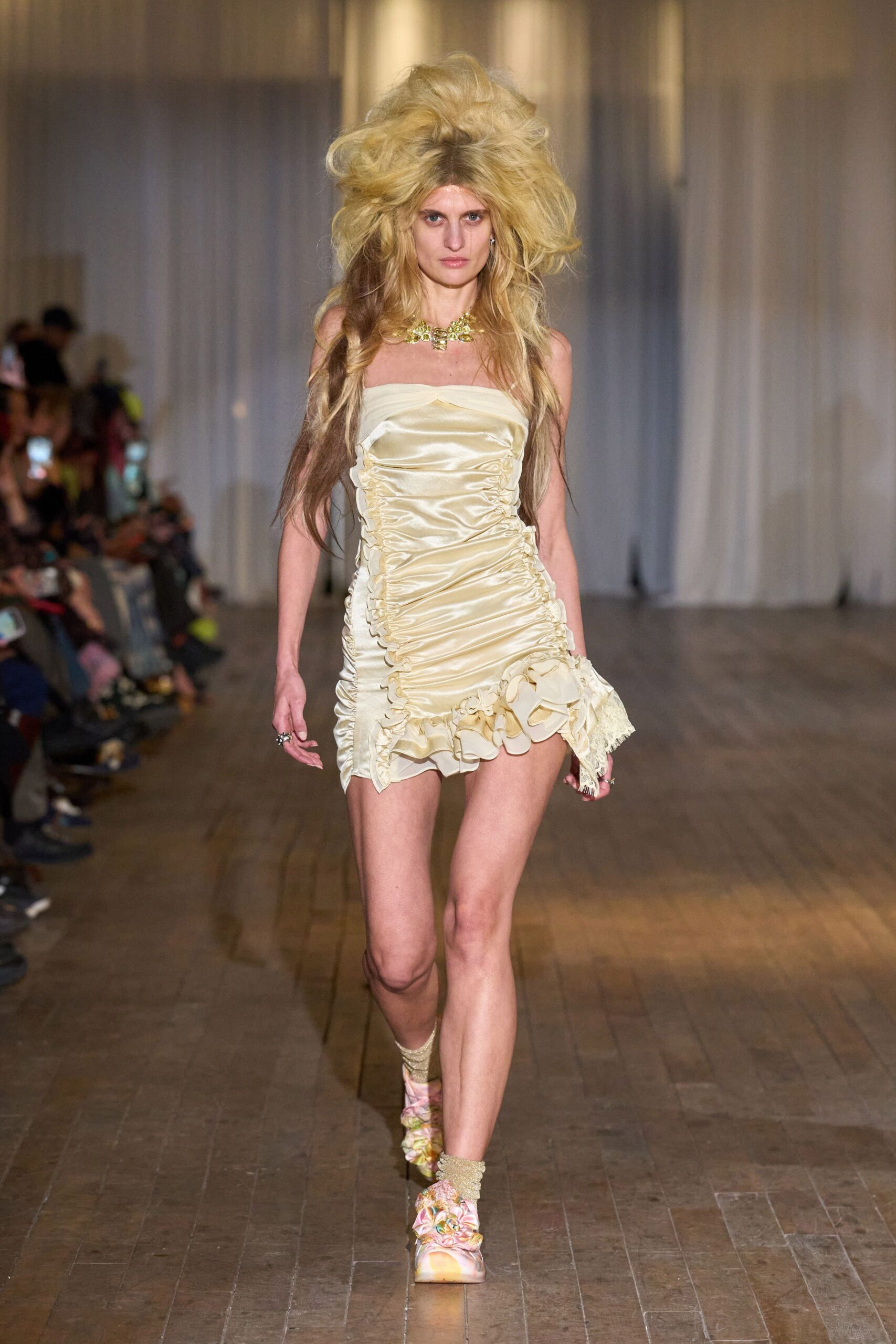 yellow silk strapless fitted ruffled mini dress