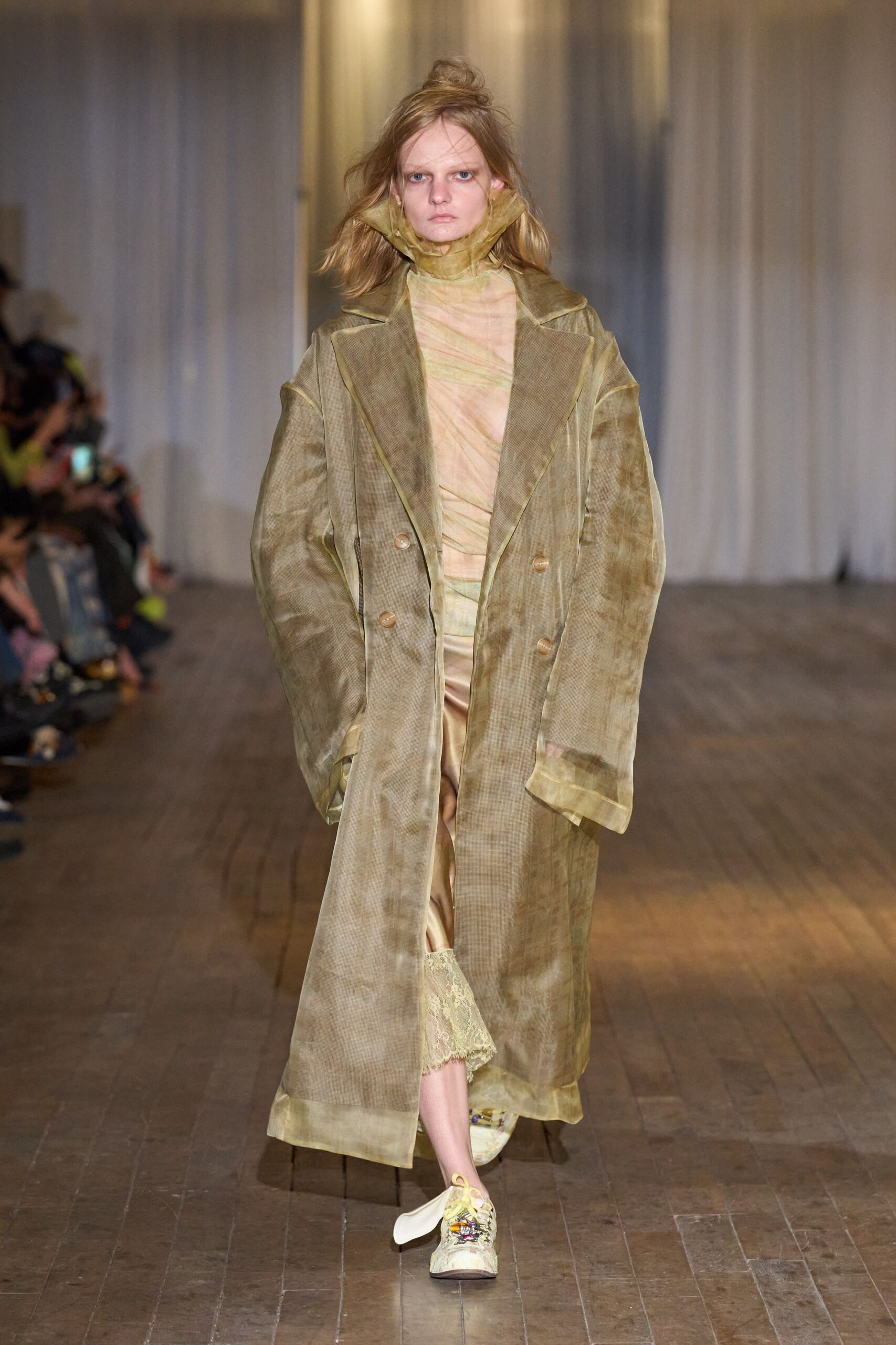 green silk long-sleeve collared oversized layered coat
