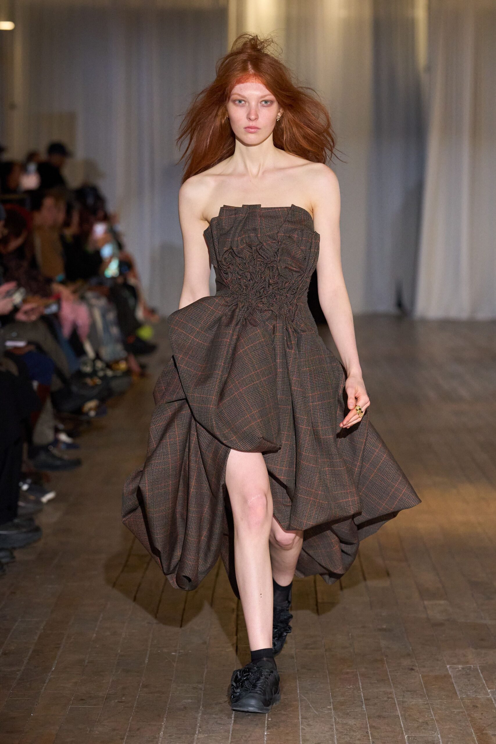 brown cotton strapless asymmetric fitted pleated ruffled dress
