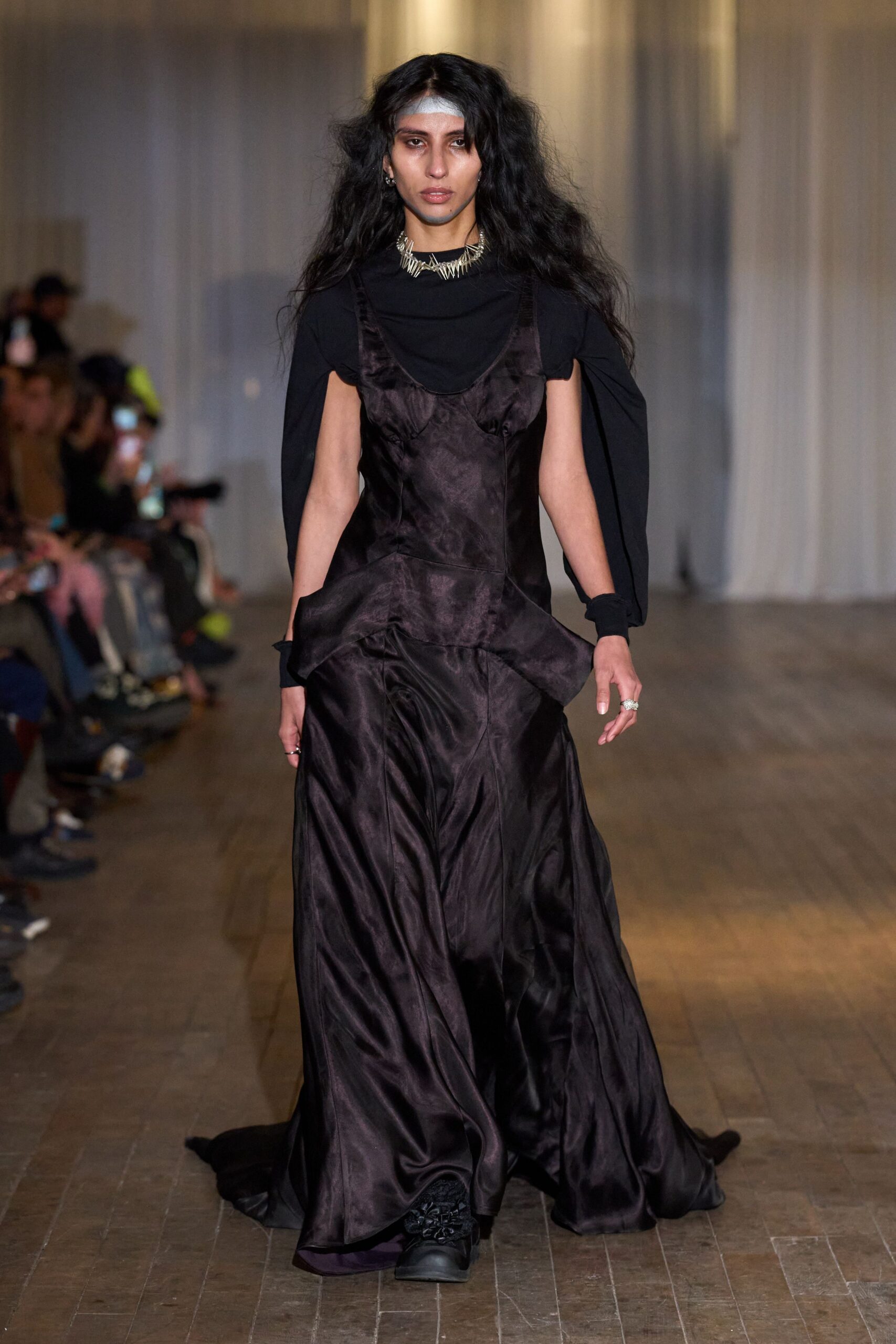 black silk sleeveless v-neck fitted layered flowing dress