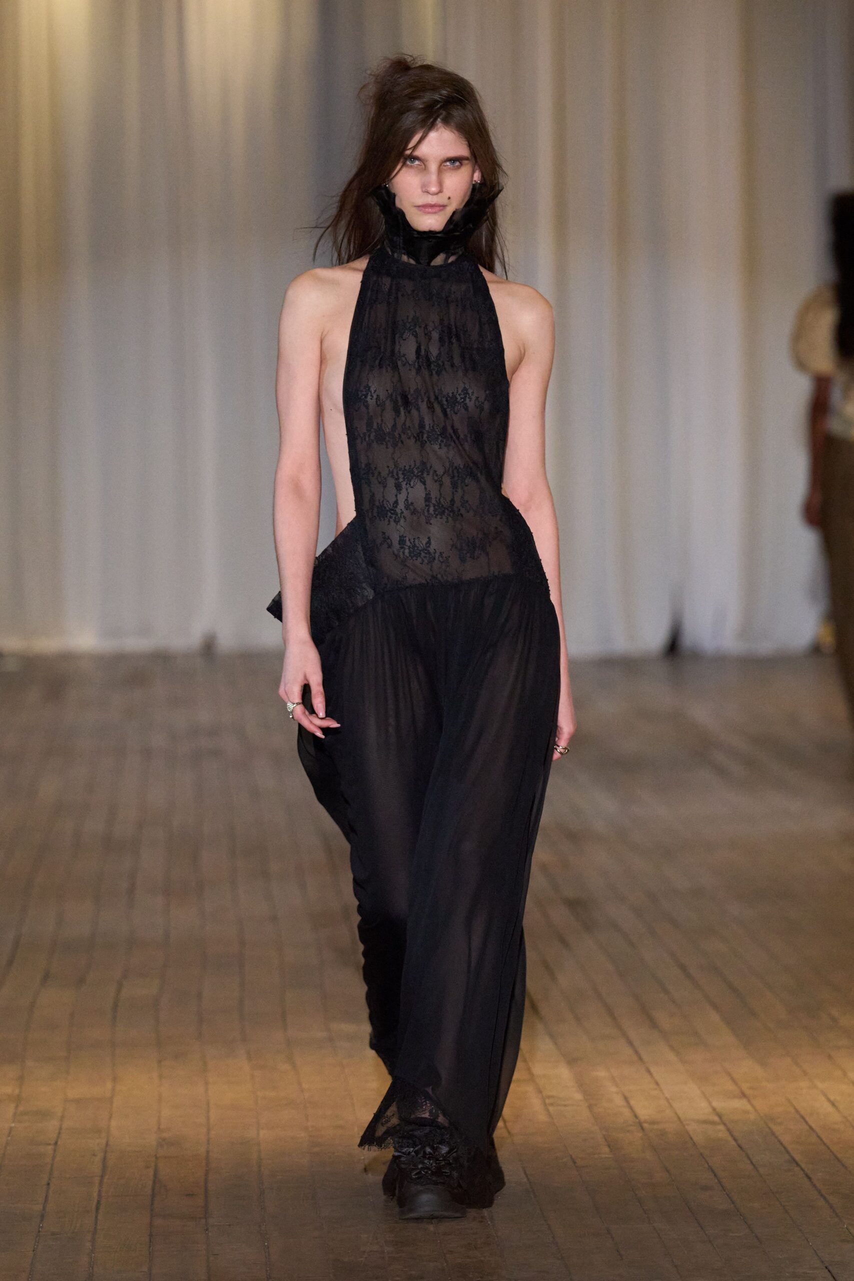 black lace sleeveless halter fitted draped gown