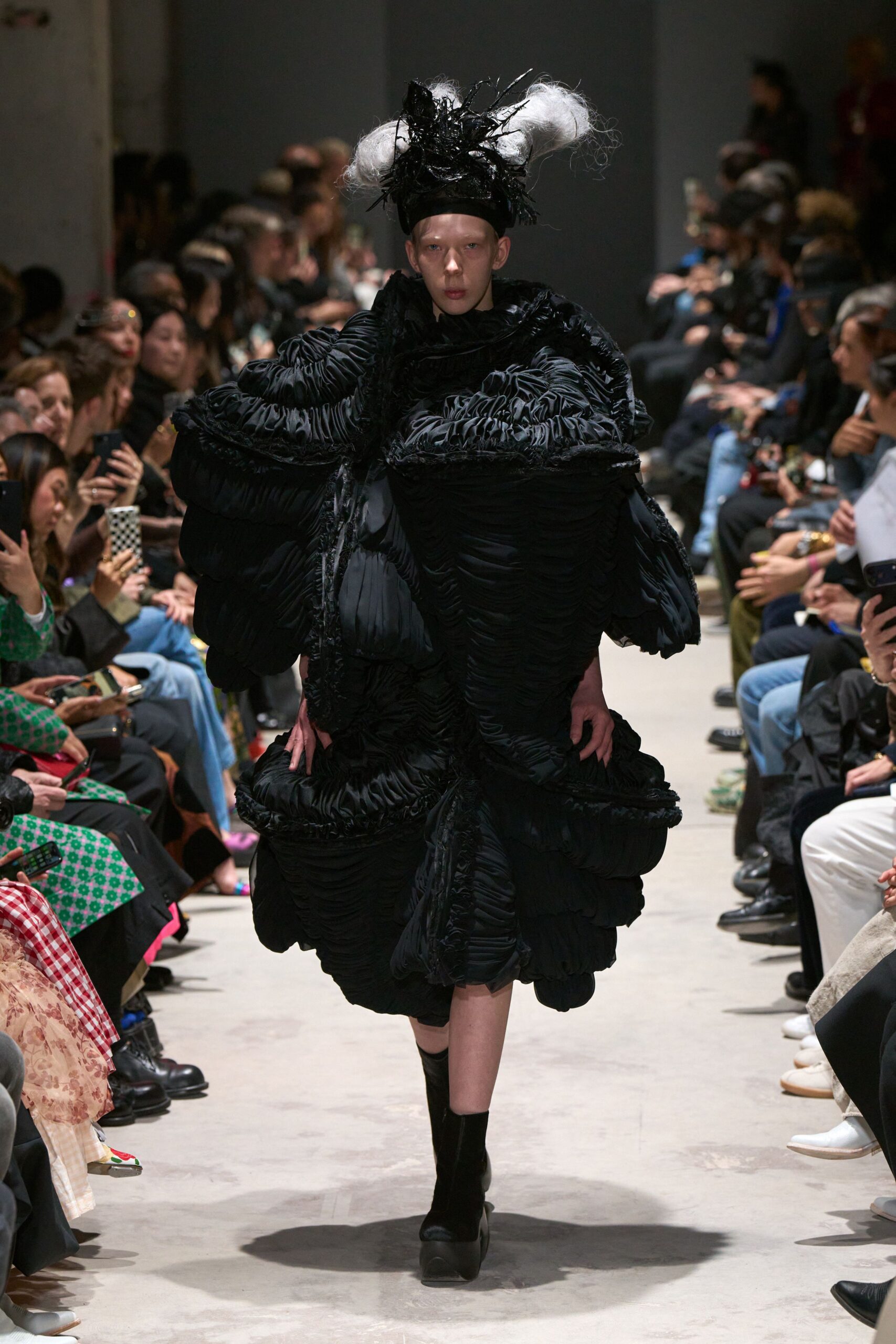 black silk long-sleeve relaxed ruffled layered flowing dress