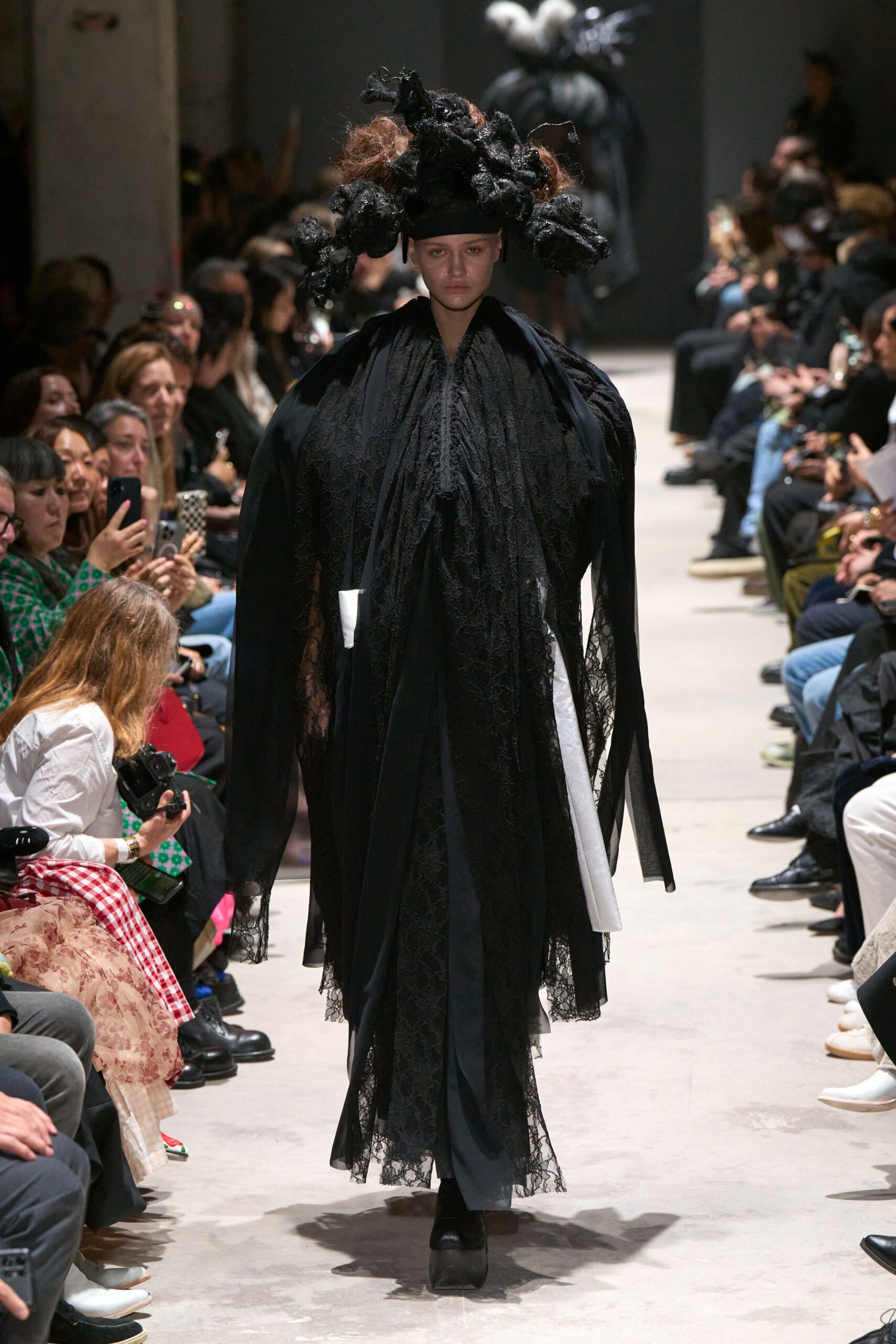 black lace long-sleeve high-neck relaxed layered ruffled dress