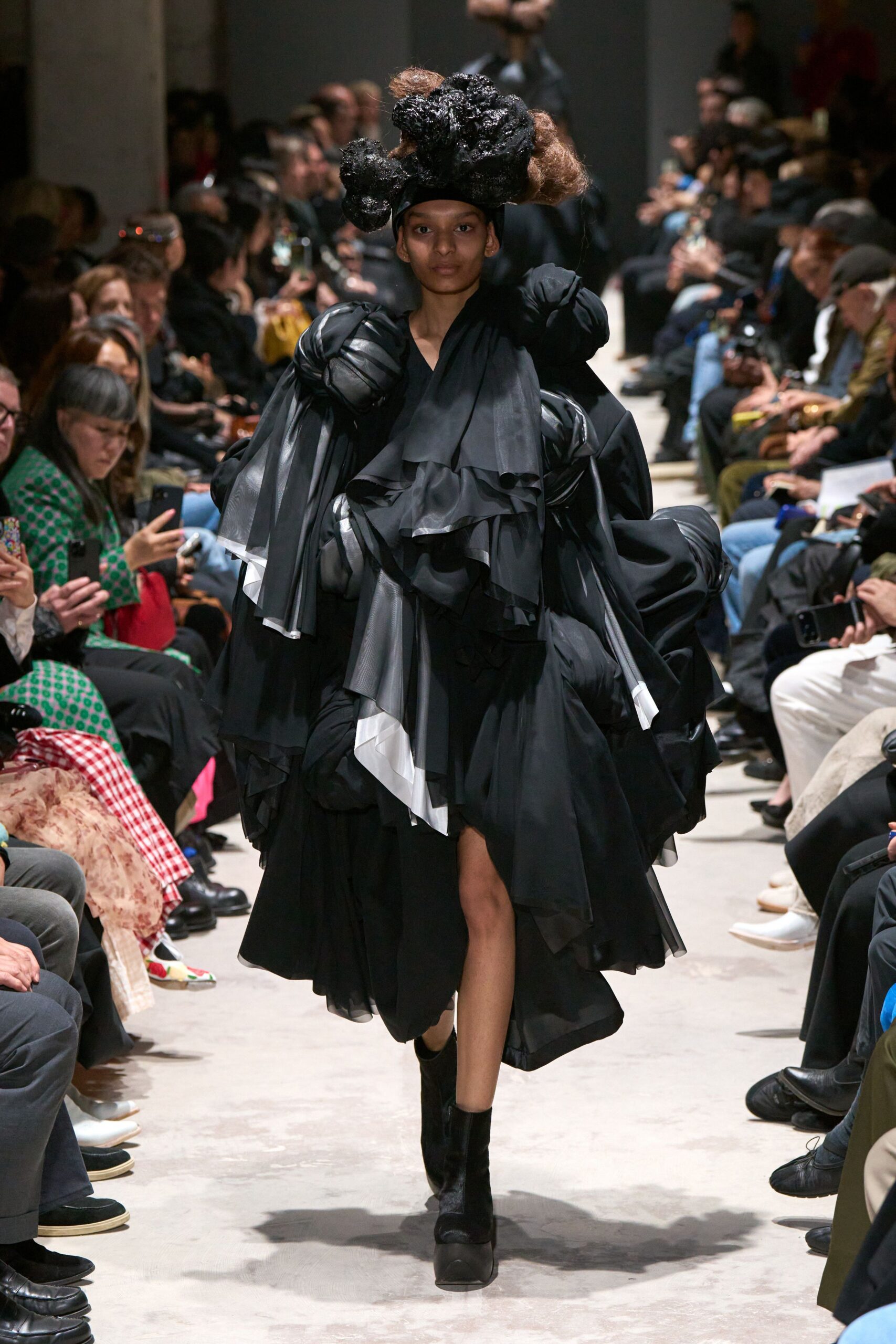 black layered ruffled midi dress with boots
