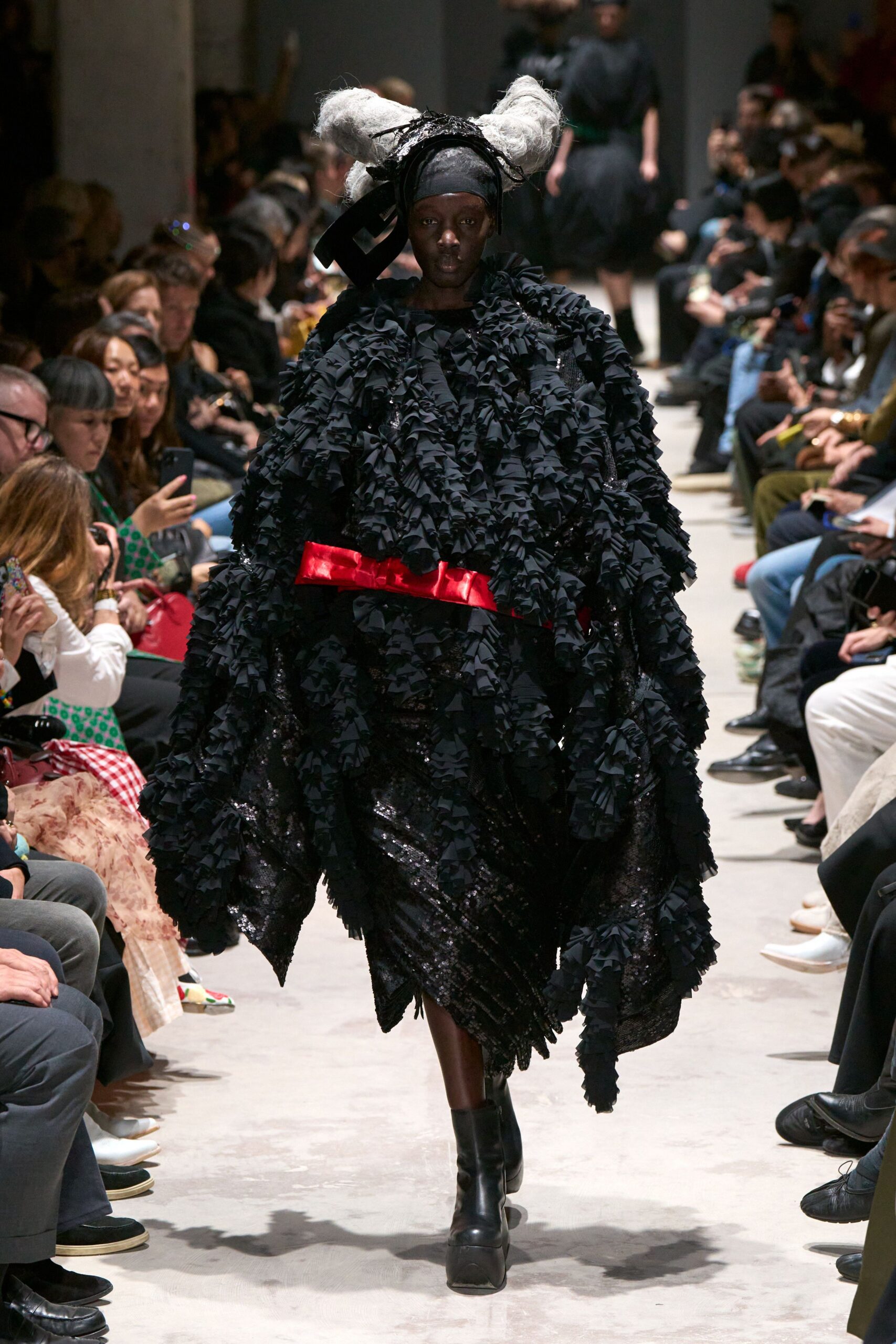 black silk sleeveless oversized ruffled layered textured dress