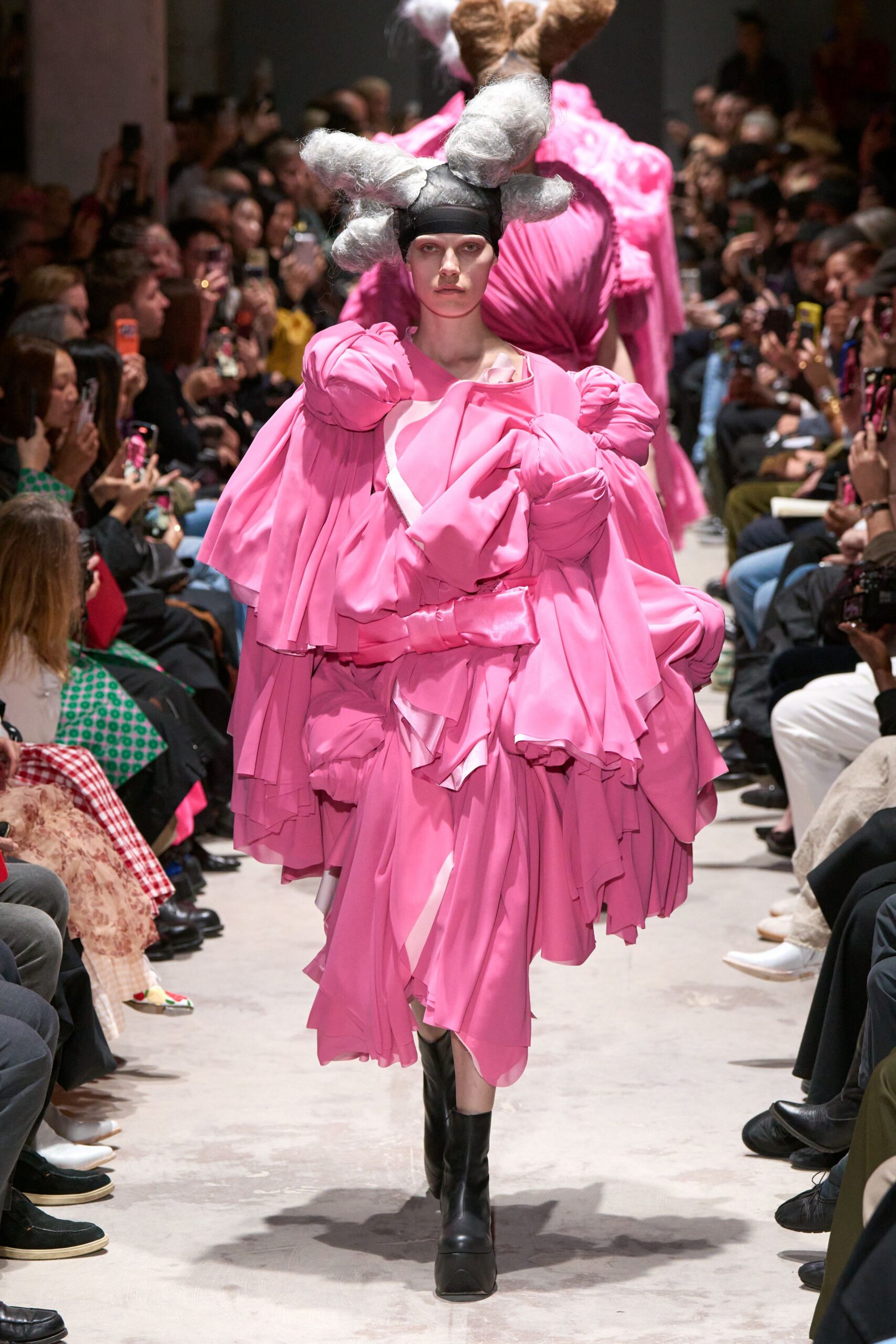 pink silk long-sleeve v-neck oversized pleated layered dress
