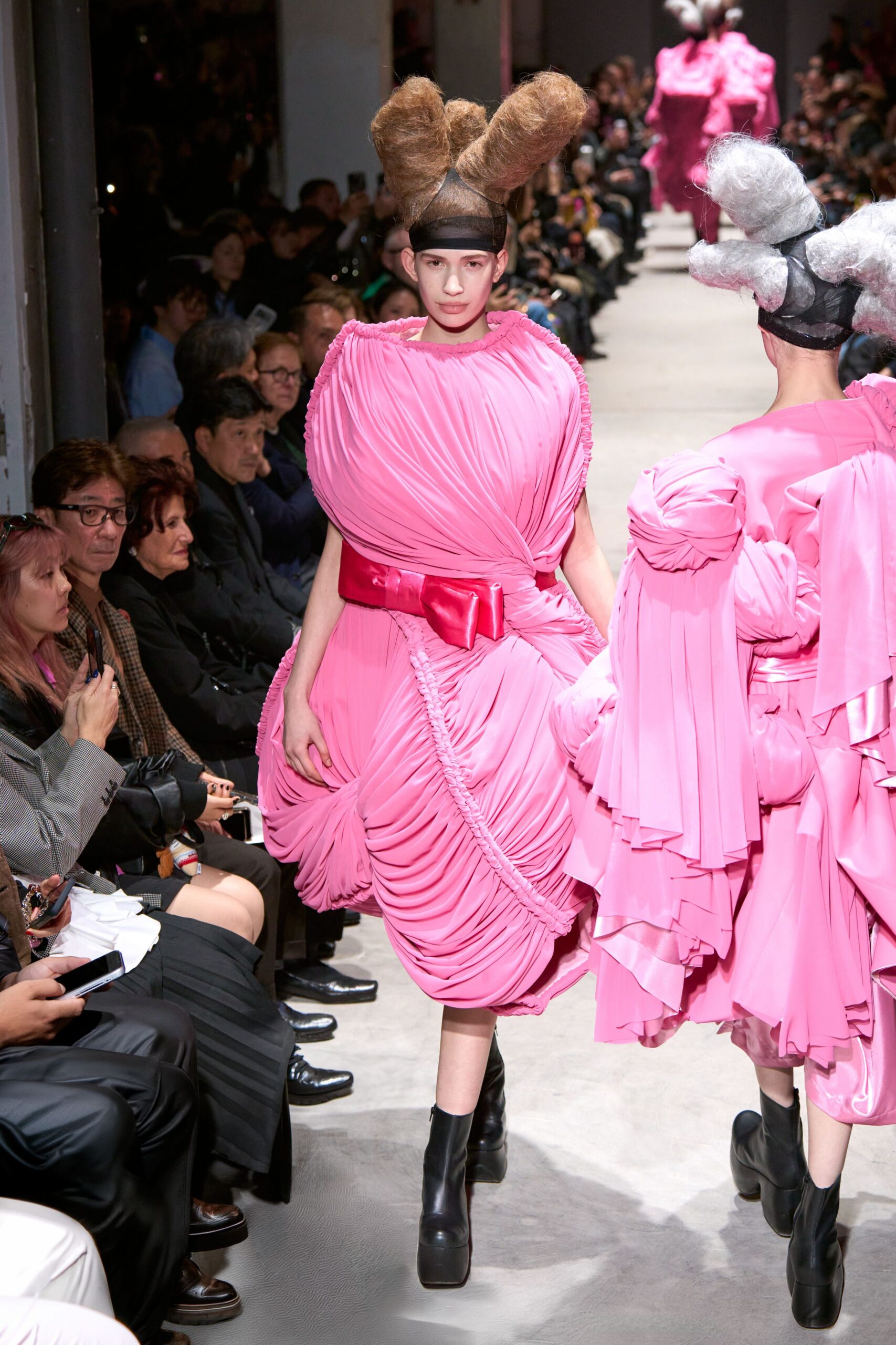pink silk sleeveless high-neck fitted pleated layered dress