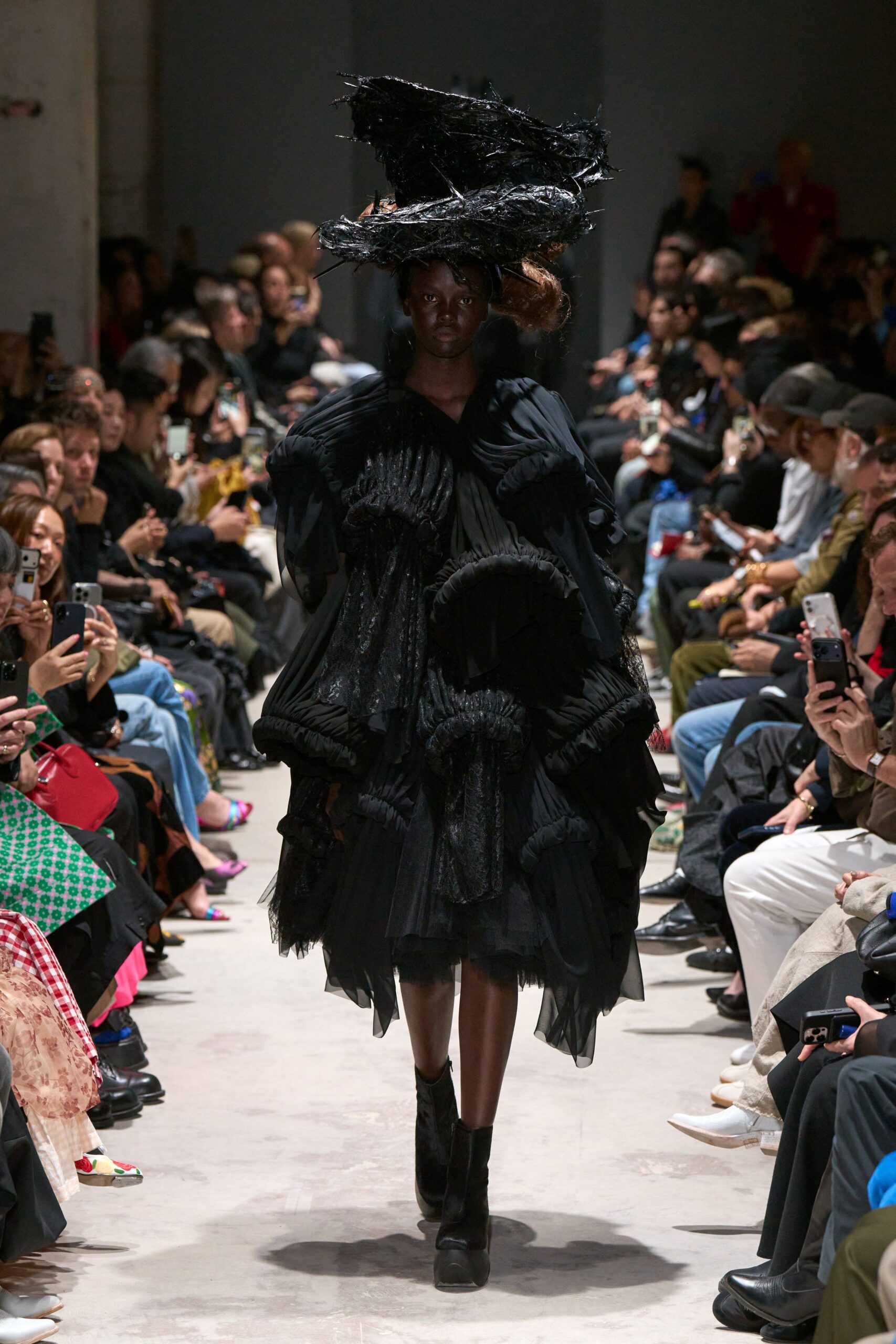 black tulle long-sleeve high-neck oversized ruffled layered dress
