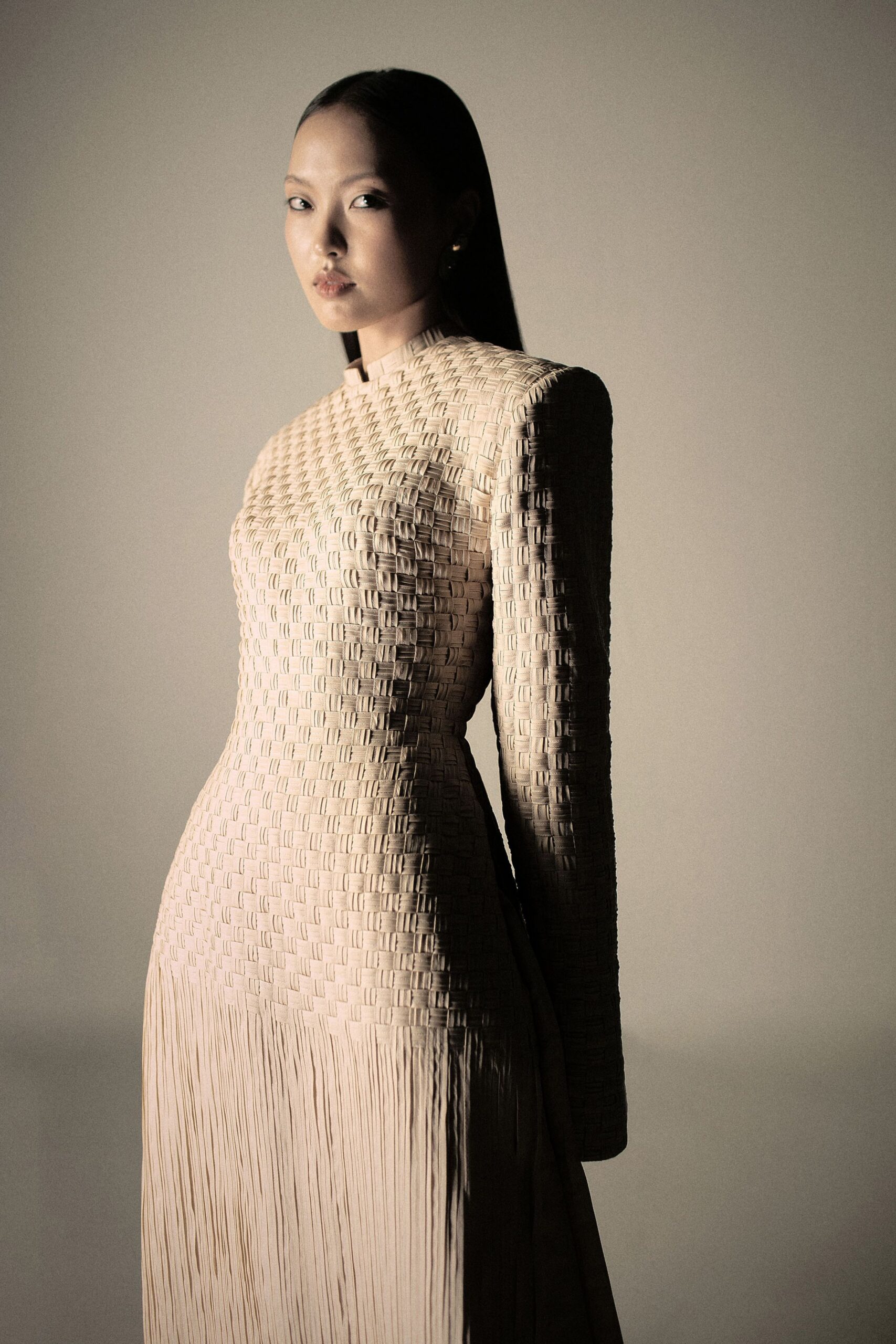 beige silk fitted gown