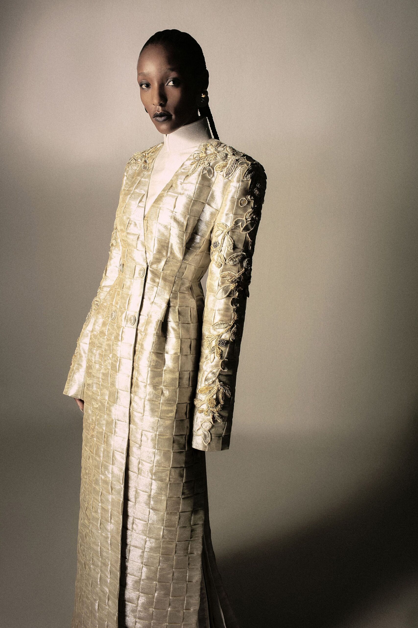 gold silk long-sleeve gown