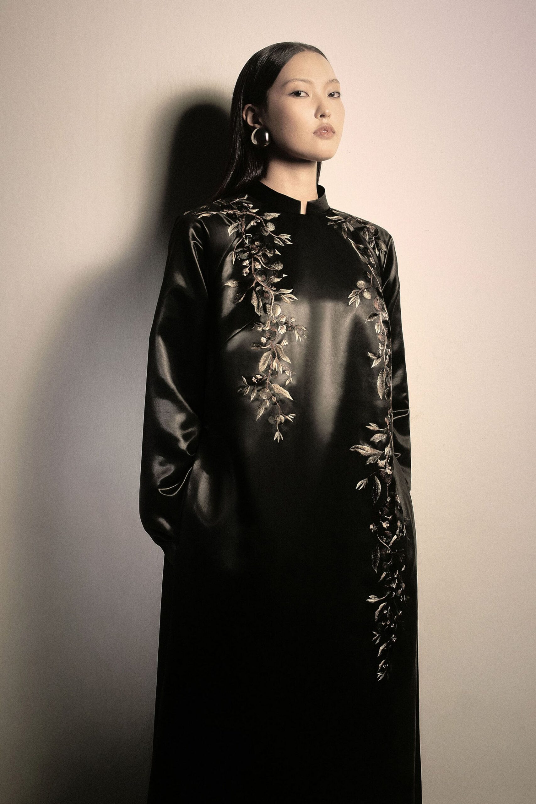 black silk embroidered gown