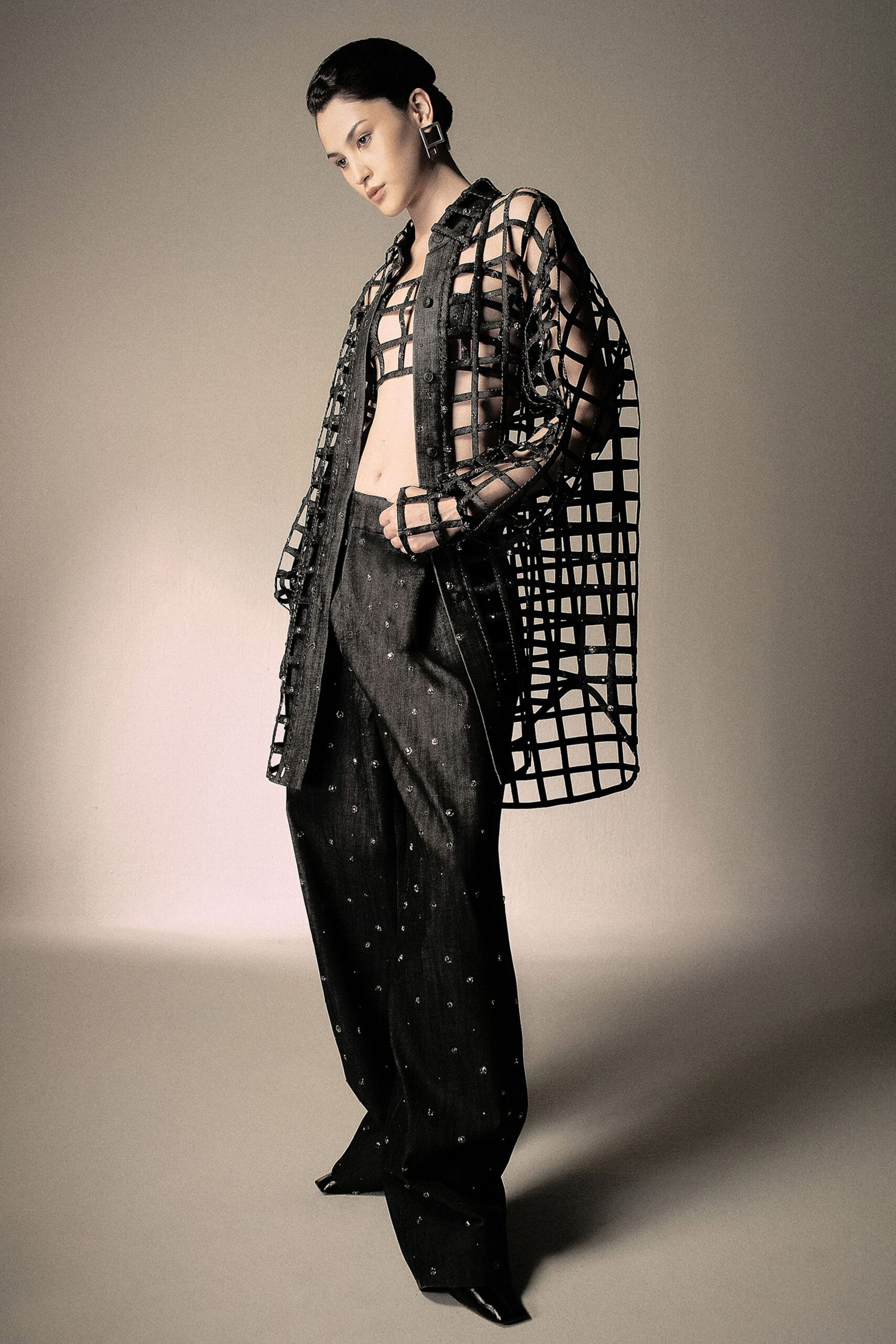 black cotton long-sleeve oversized layered jacket