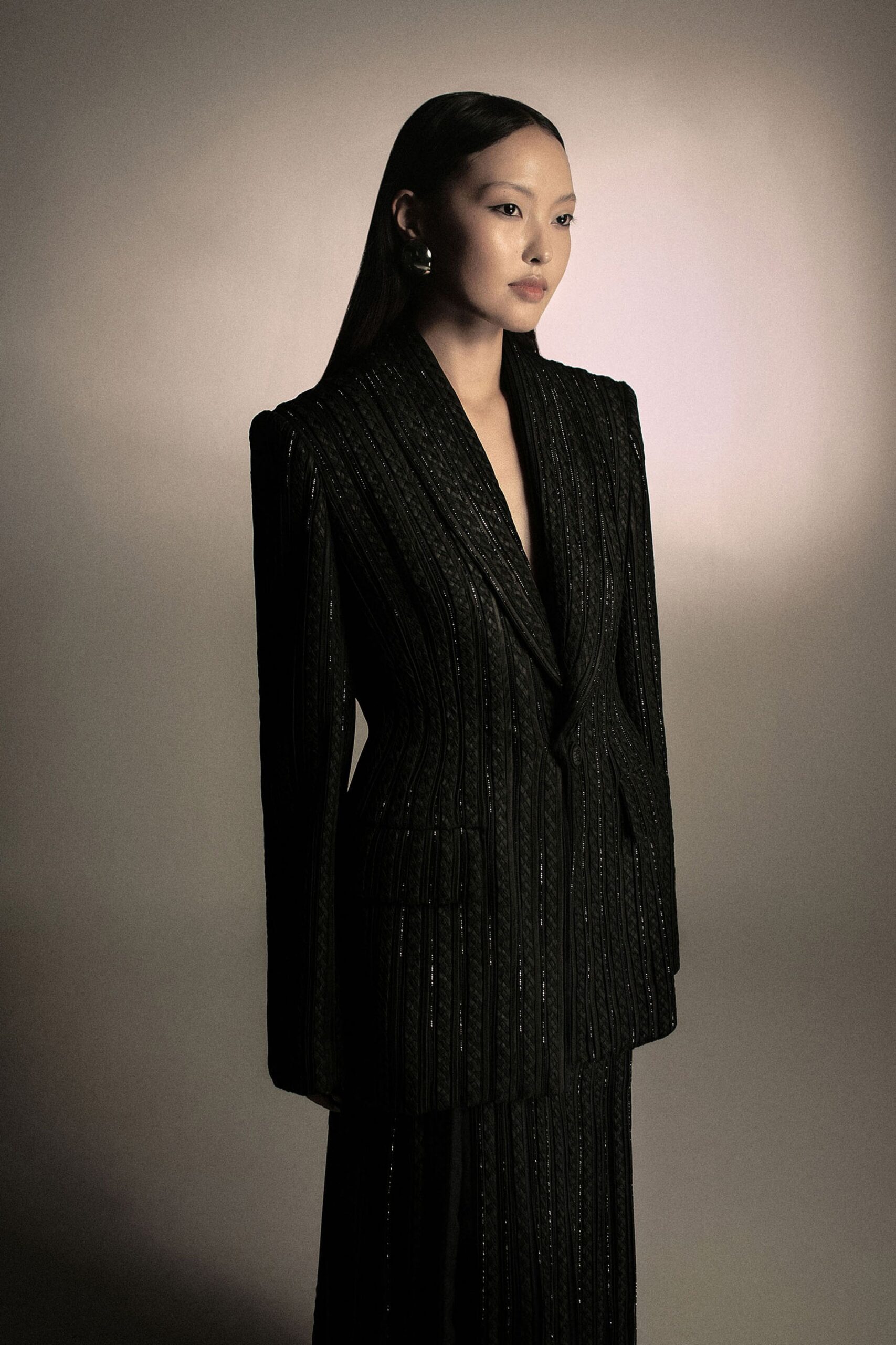 black silk fitted suit