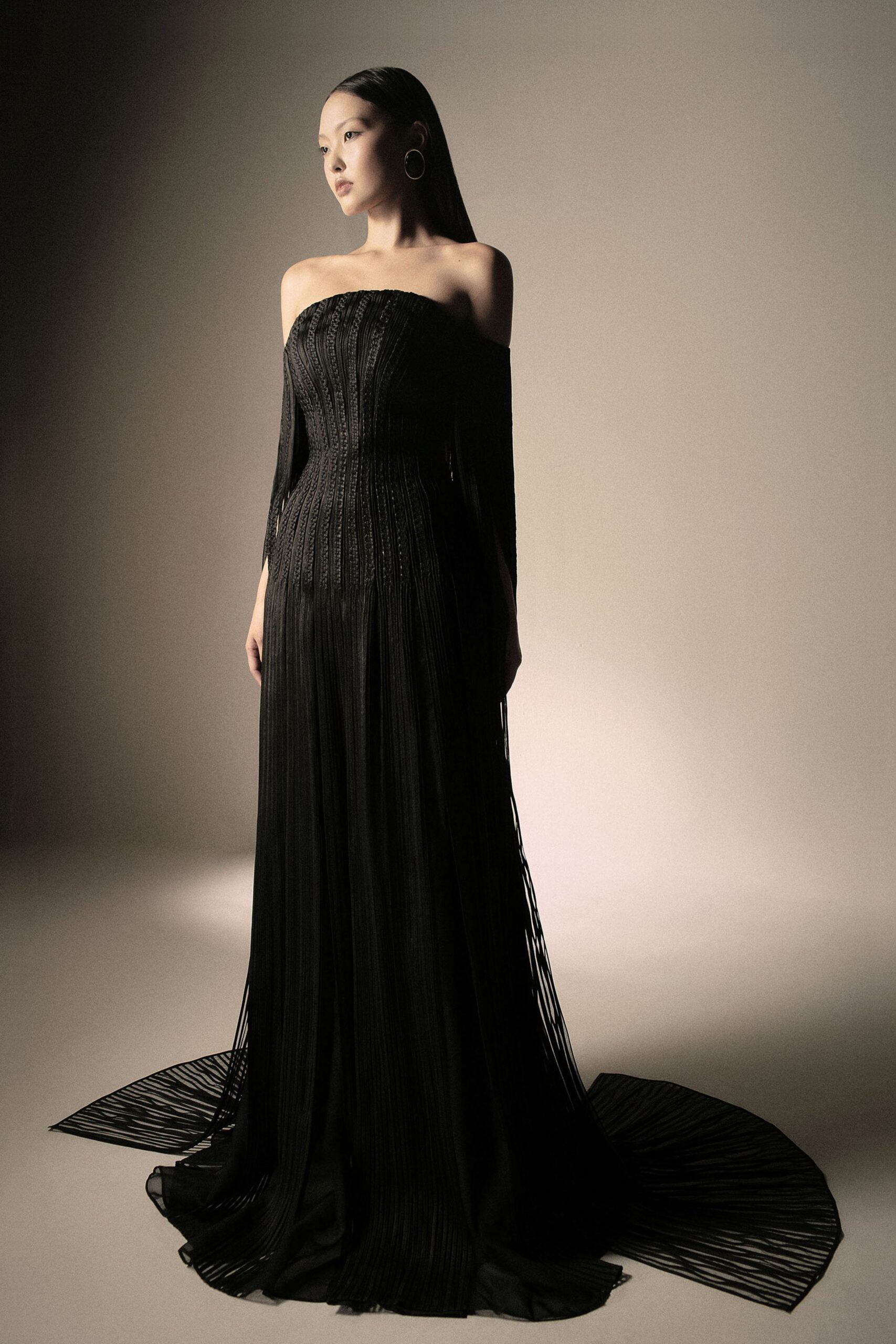 black silk off-shoulder gown