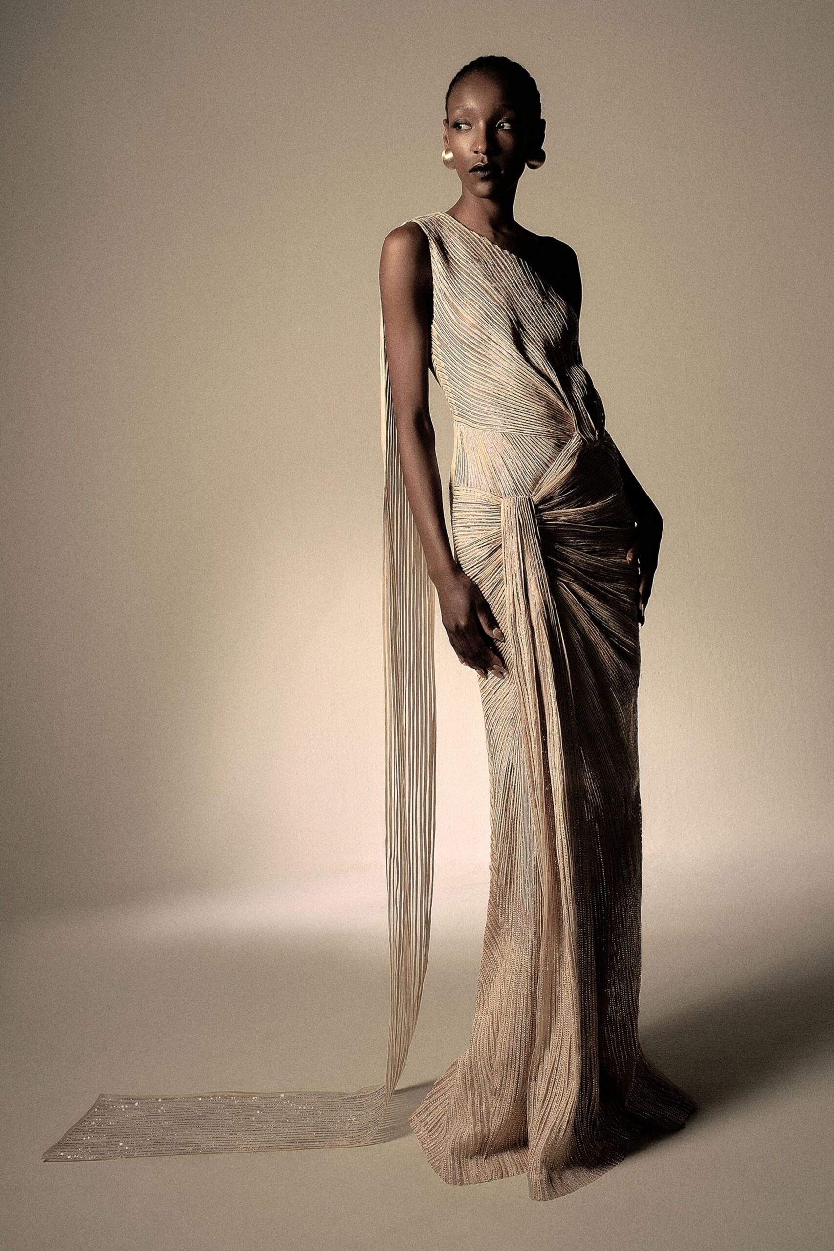 gold silk sleeveless gown