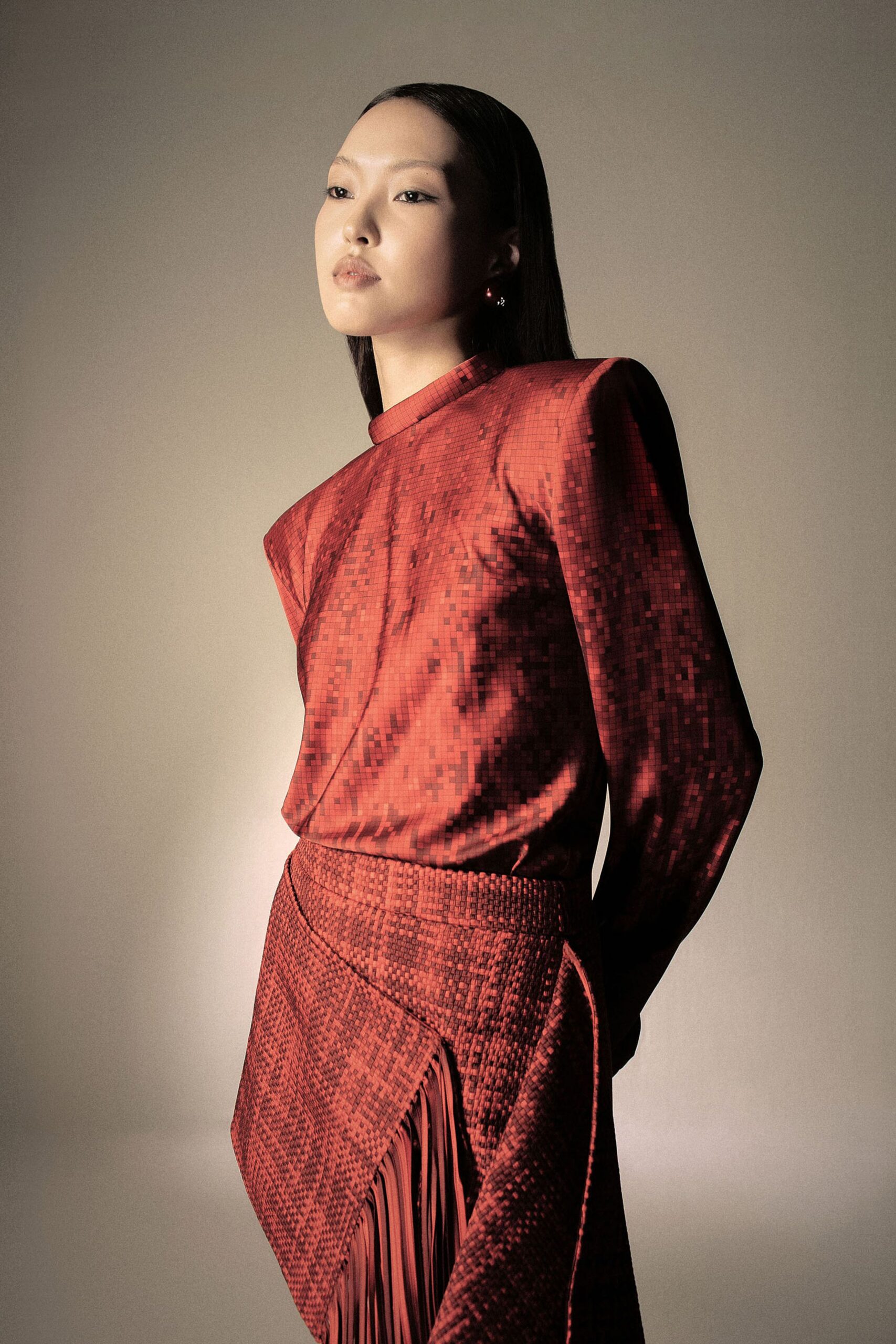 red silk long-sleeve high-neck fitted textured shiny top