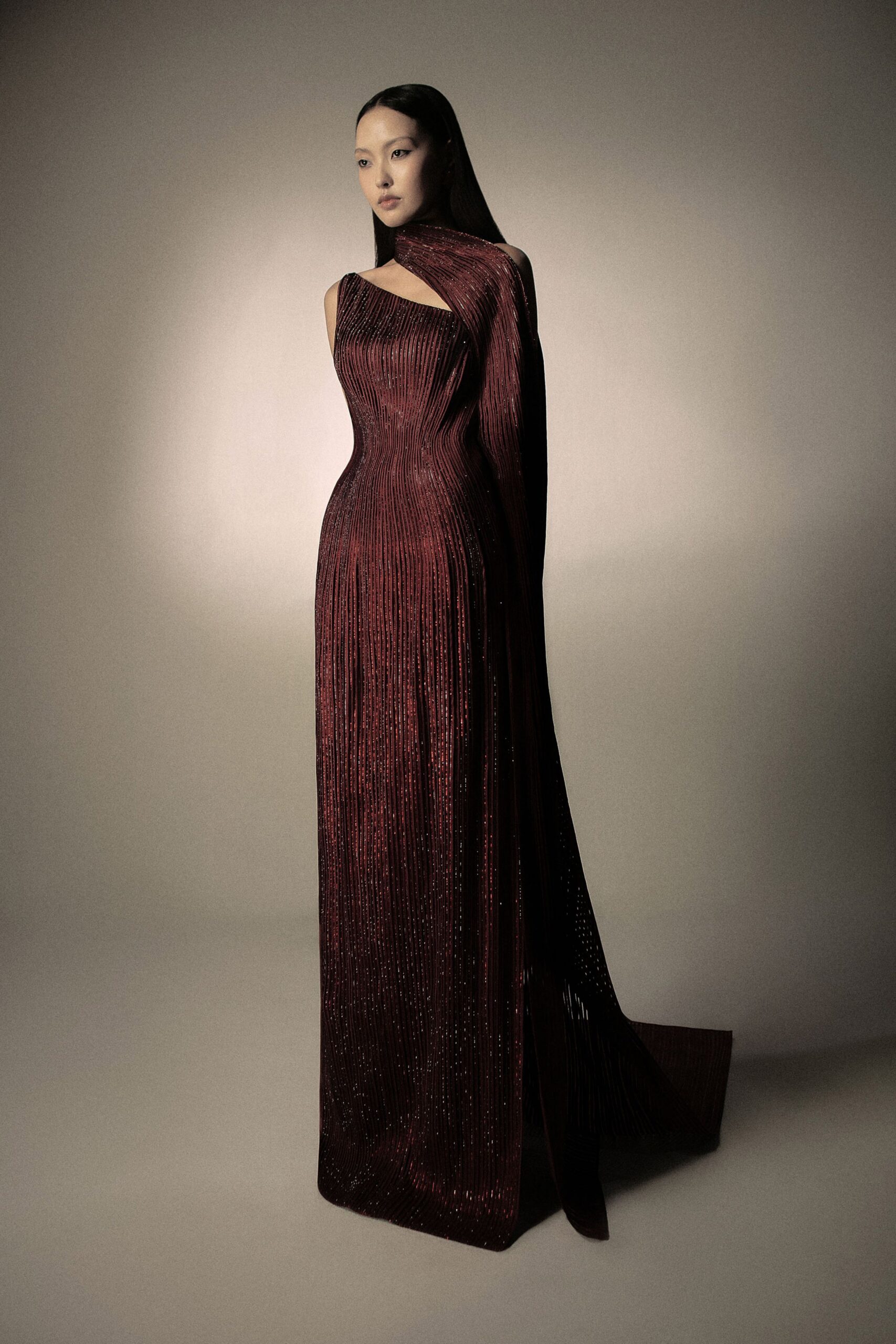 red silk off-shoulder gown