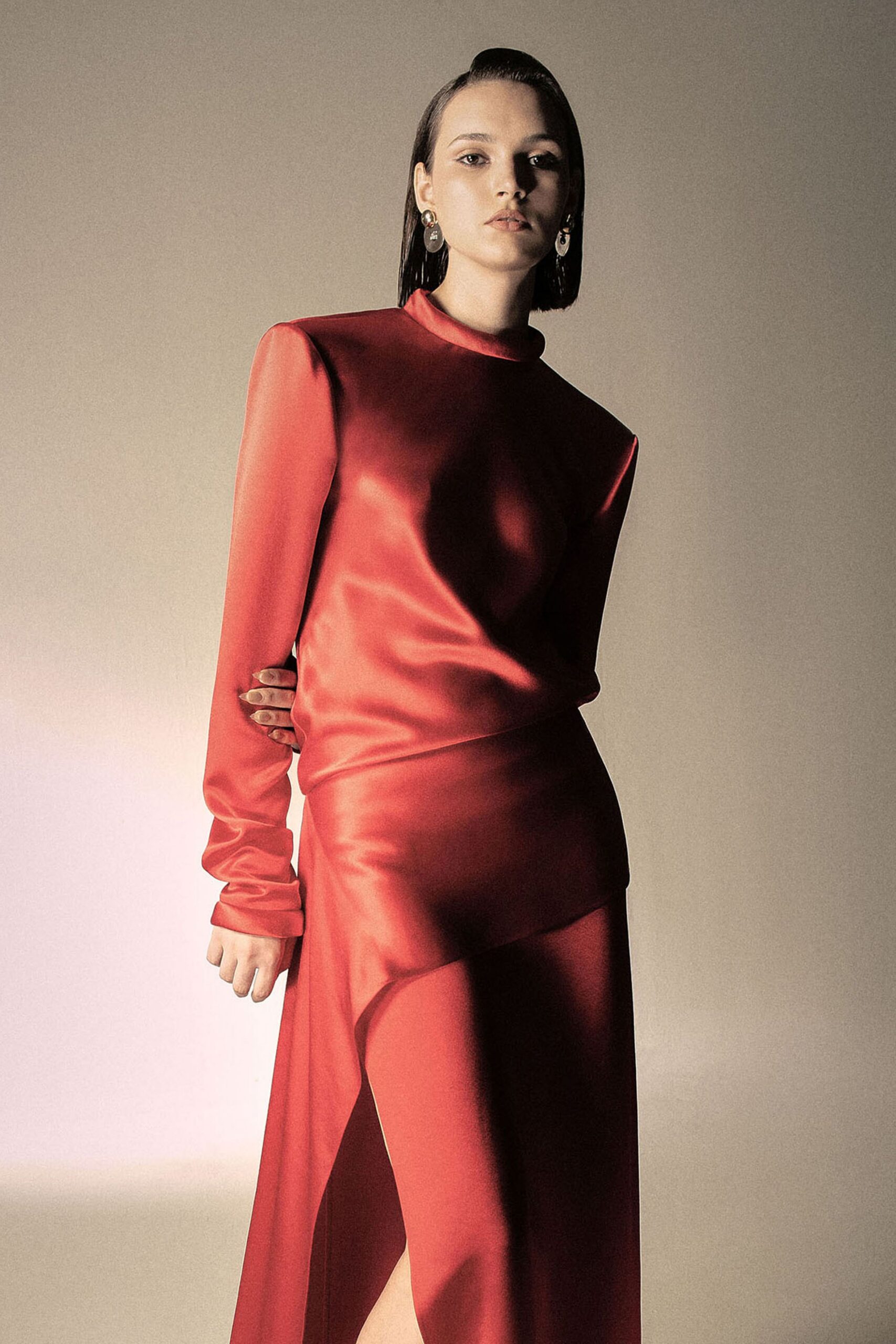 red silk fitted midi dress