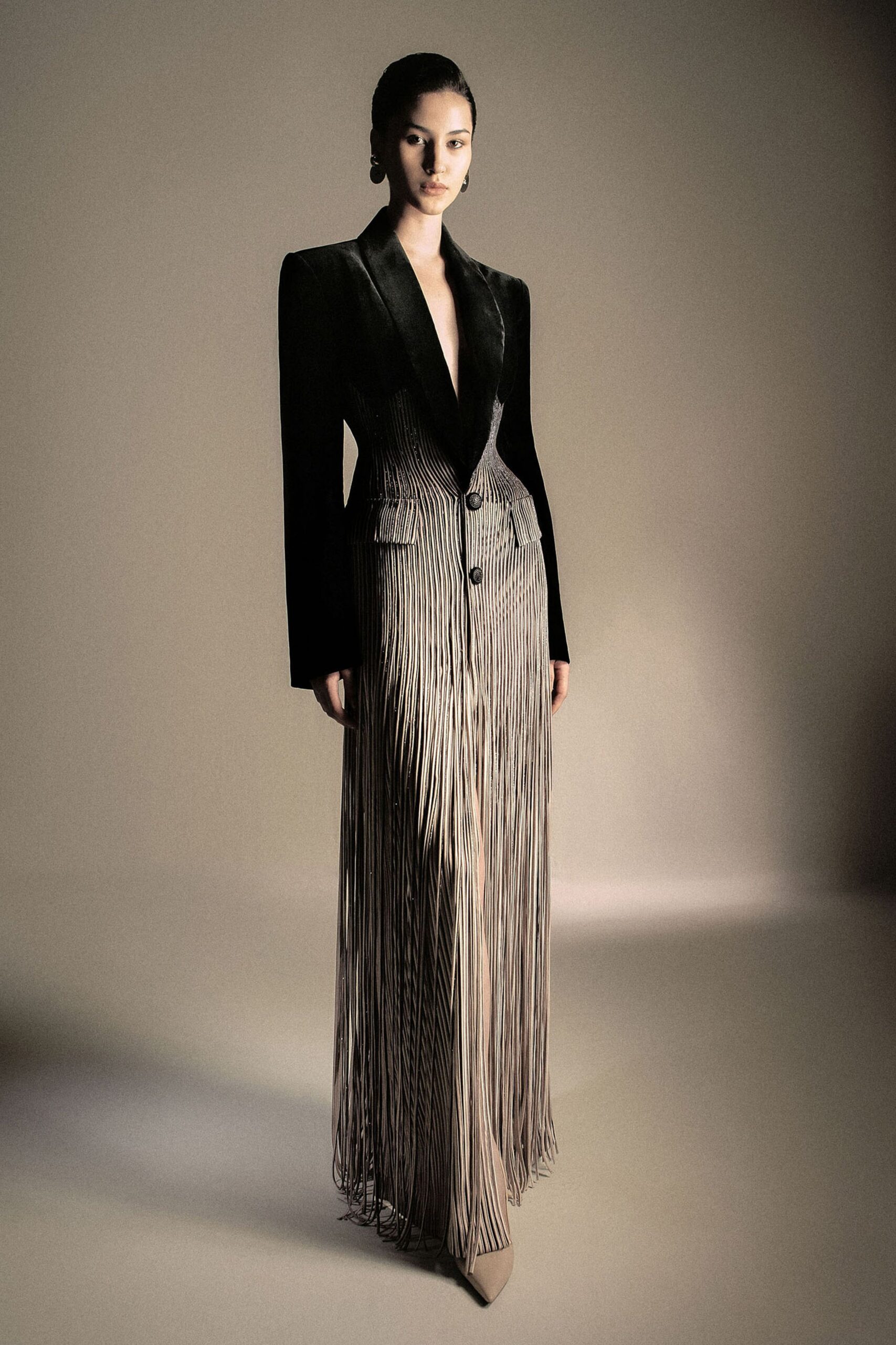 black silk long-sleeve v-neck fitted pleated buttoned gown