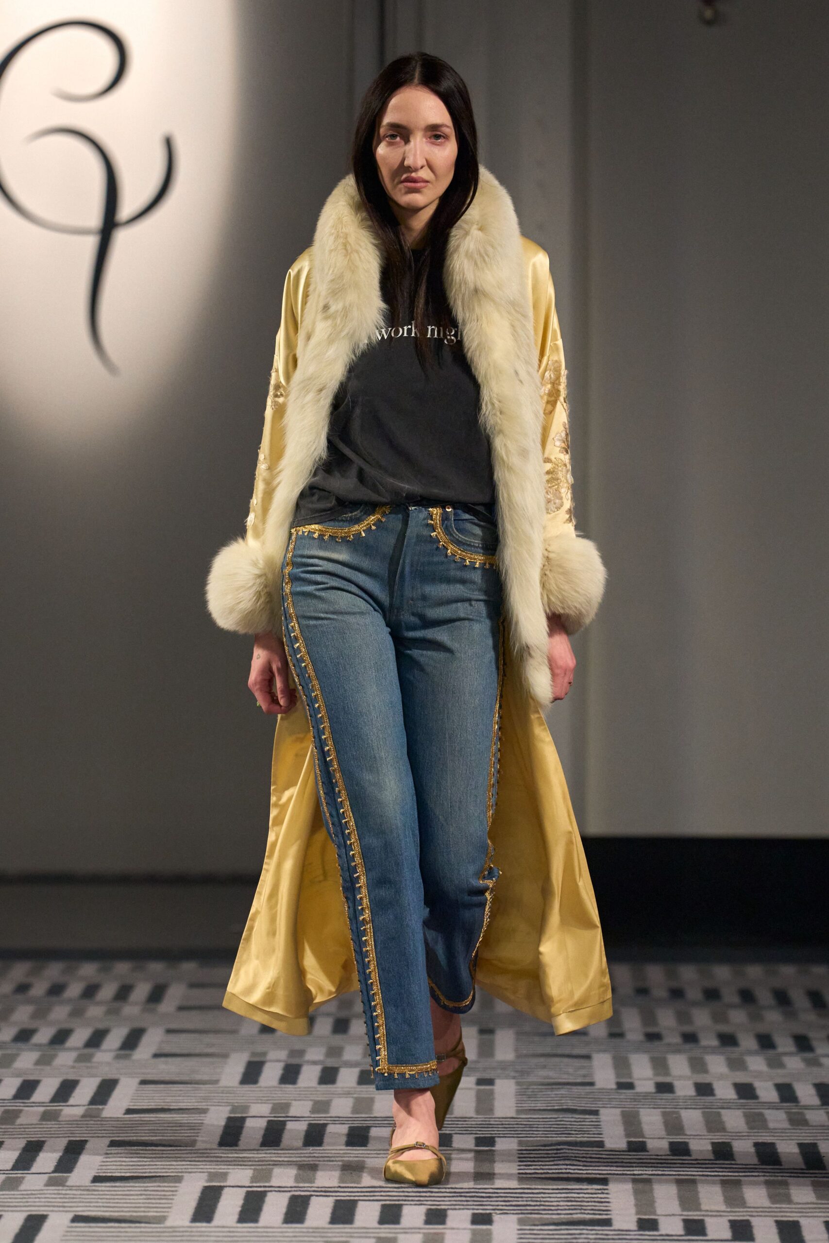 yellow silk long-sleeve relaxed embroidered maxi coat