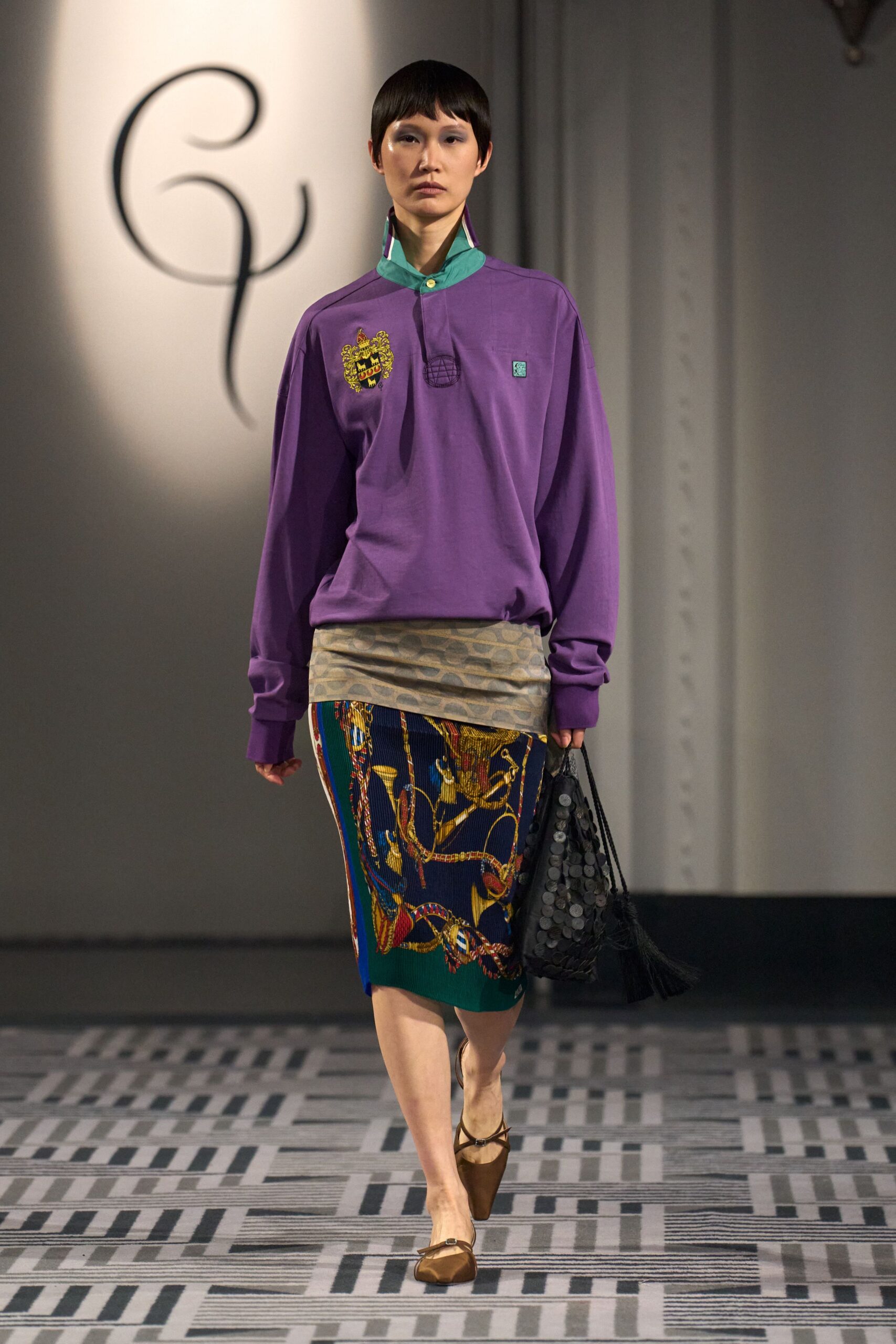 purple cotton long-sleeve collared relaxed embroidered top