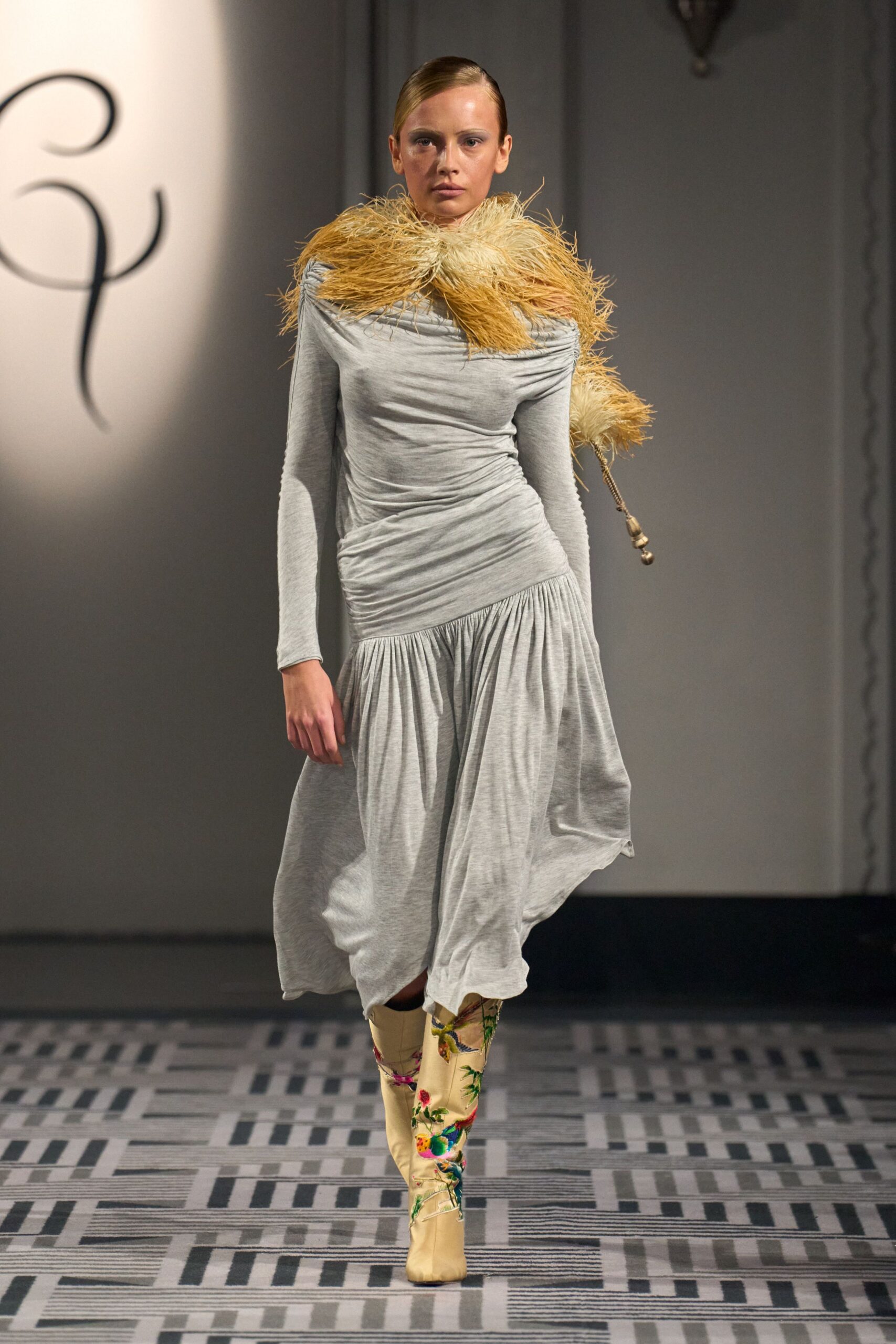 gray cotton long-sleeve high-neck fitted ruched tiered dress