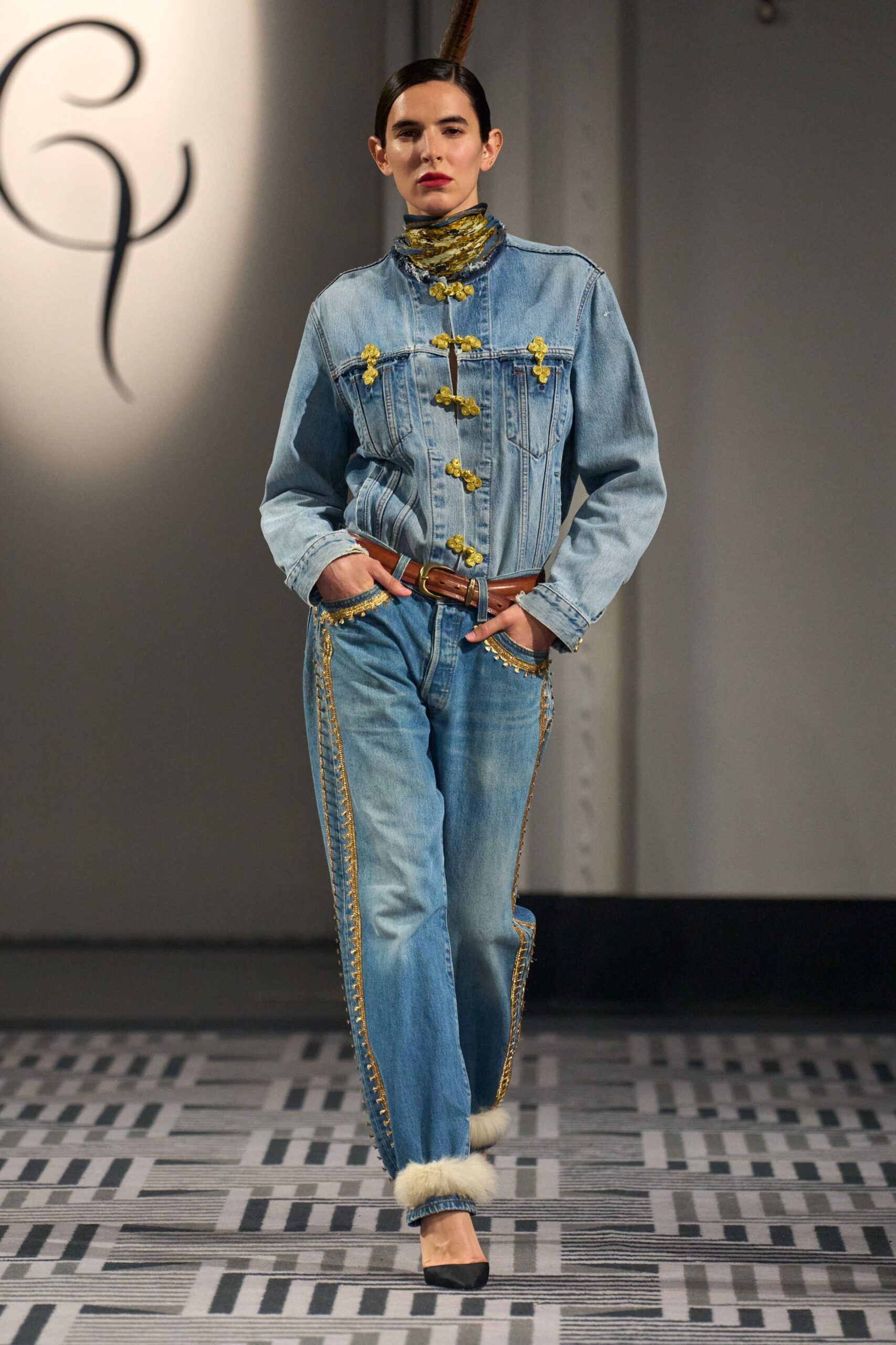 blue denim long-sleeve collared fitted buttoned jacket