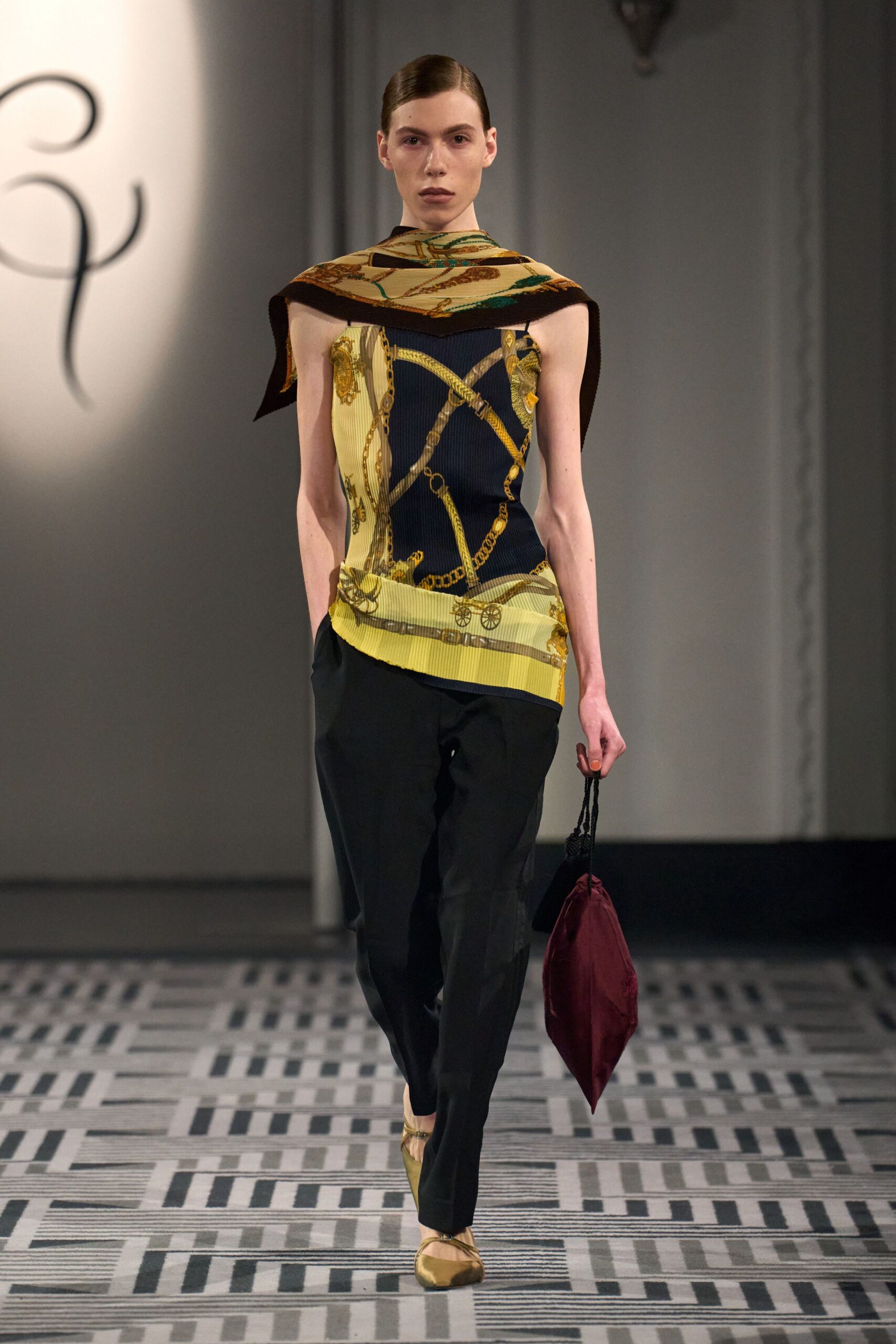 black silk sleeveless high-neck fitted printed top