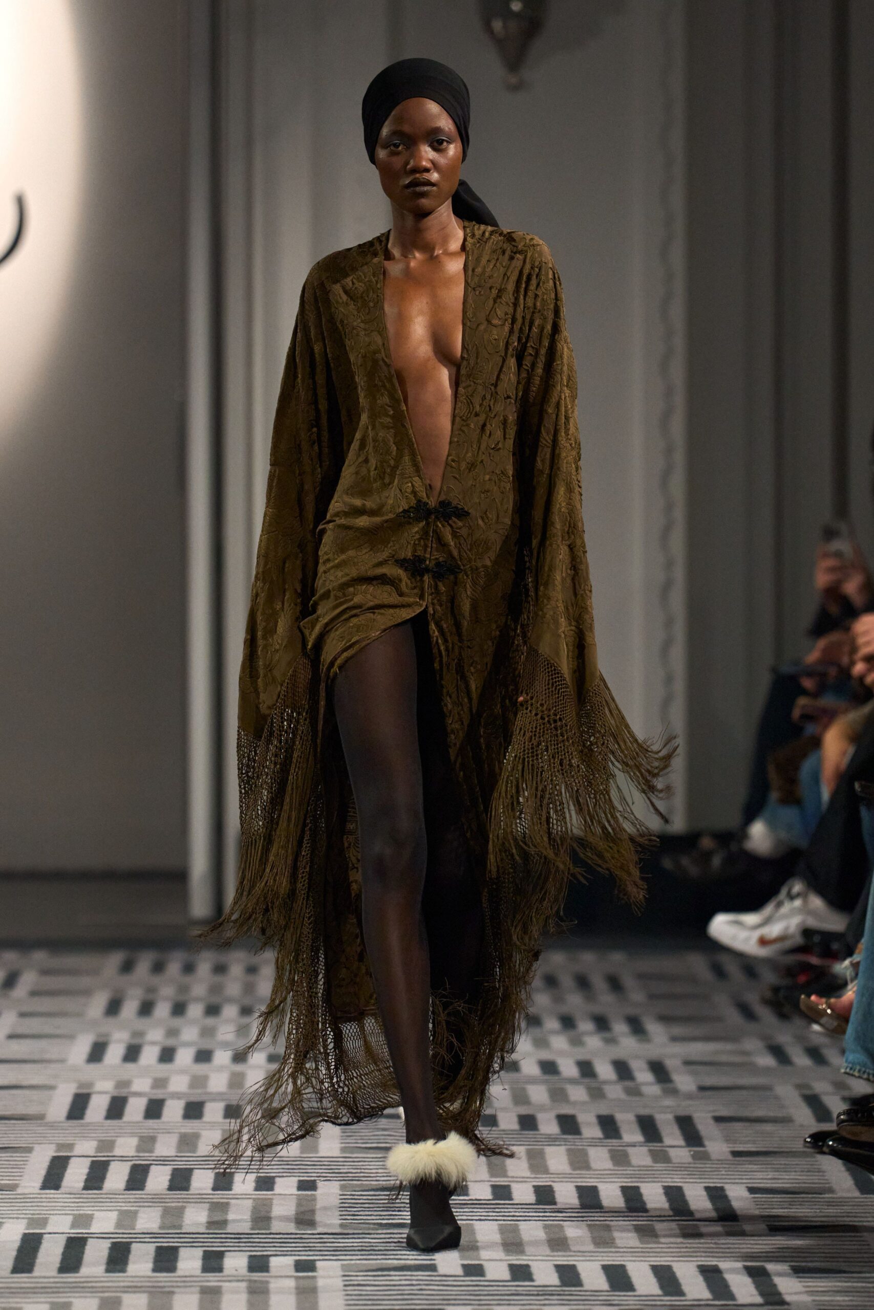 brown velvet long-sleeve v-neck relaxed fringed maxi cape