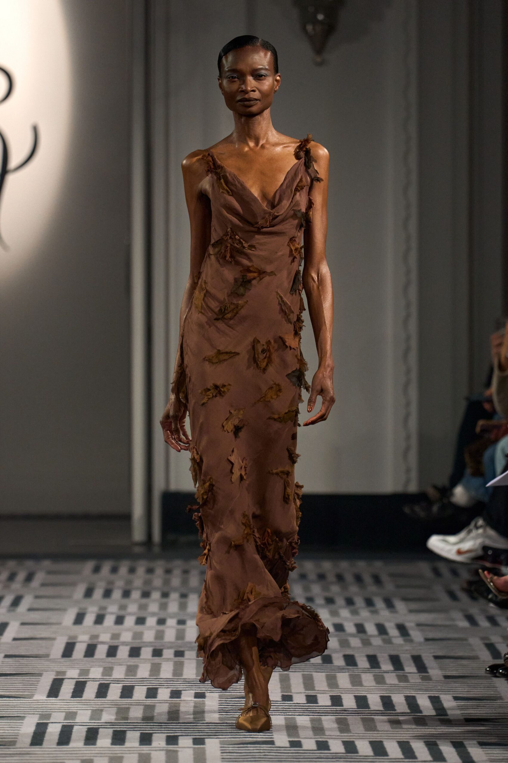 brown silk sleeveless v-neck fitted embroidered layered gown