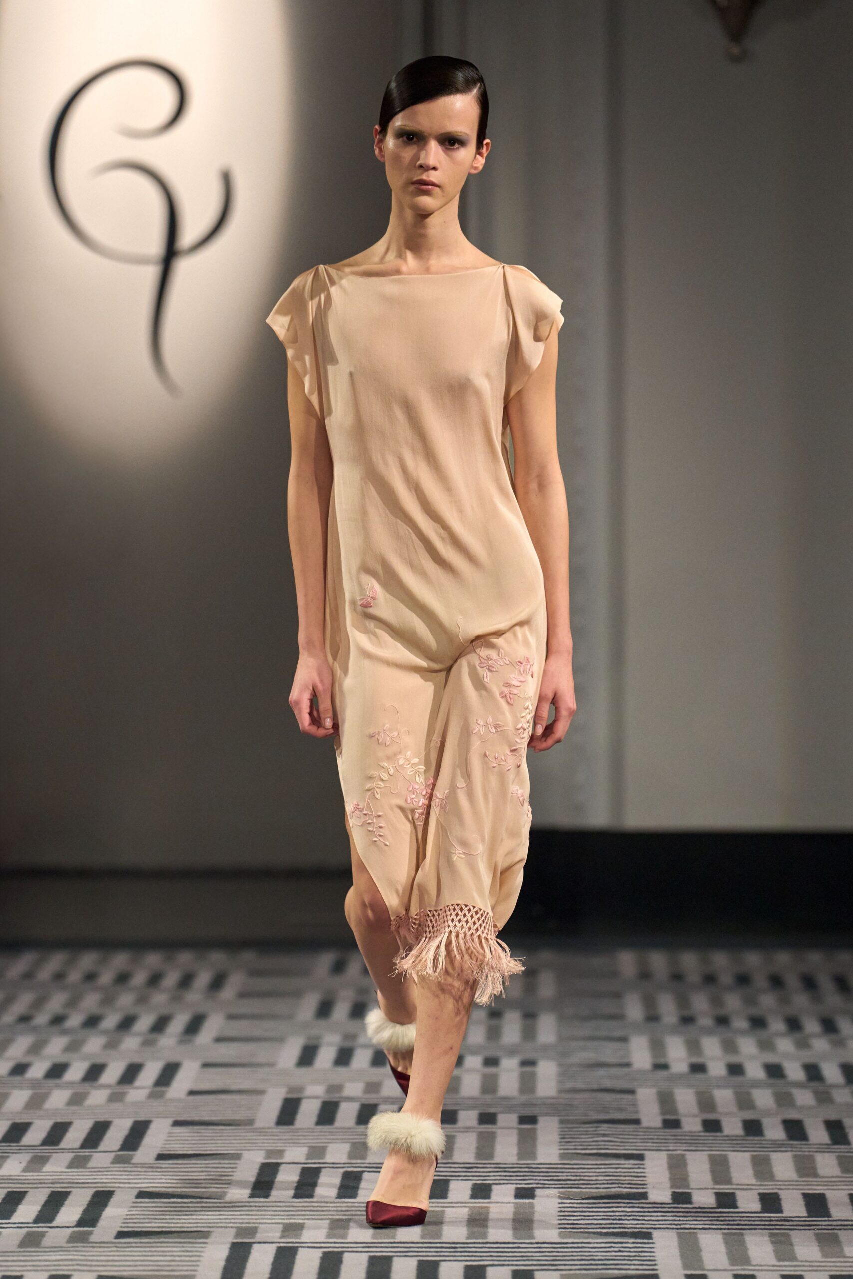 beige silk sleeveless v-neck fitted embroidered tiered dress