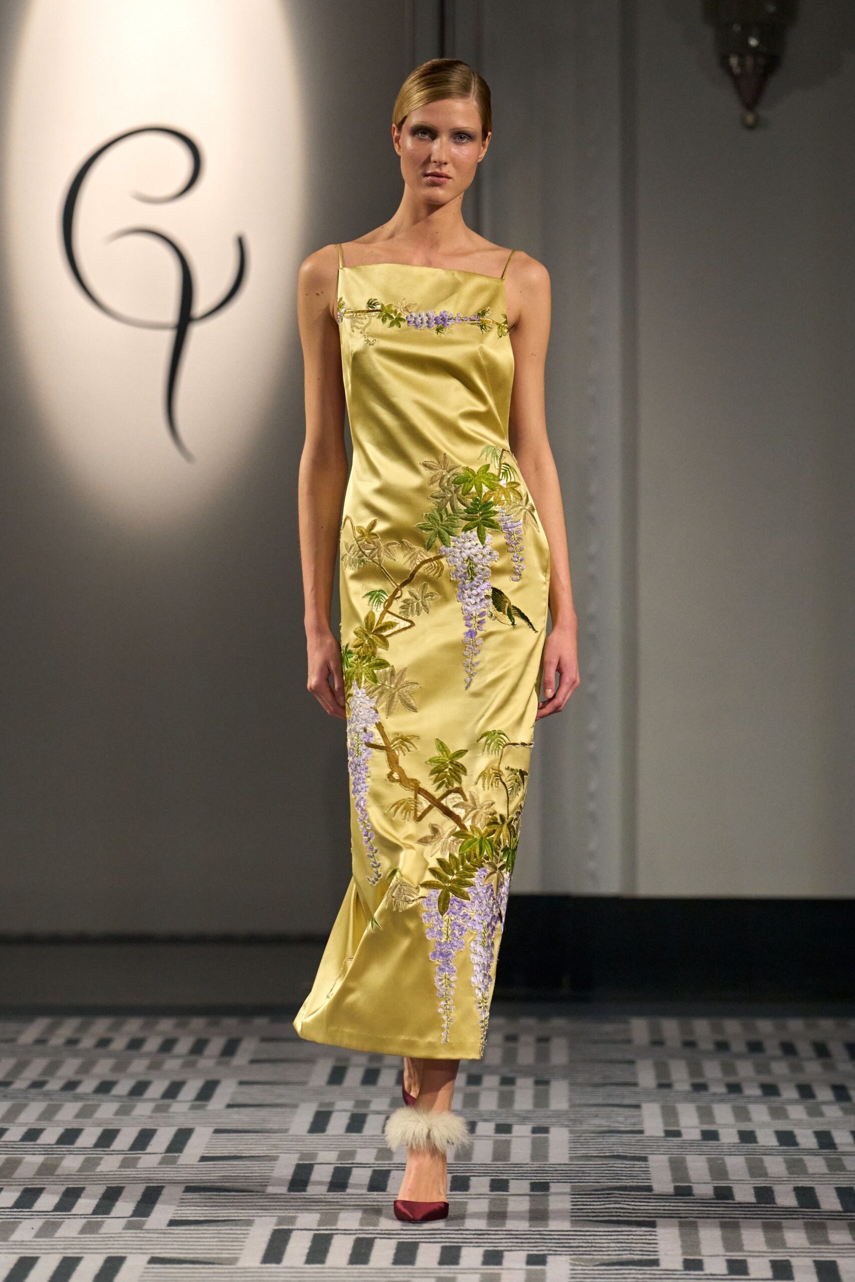 yellow silk sleeveless square-neck fitted embroidered shiny gown