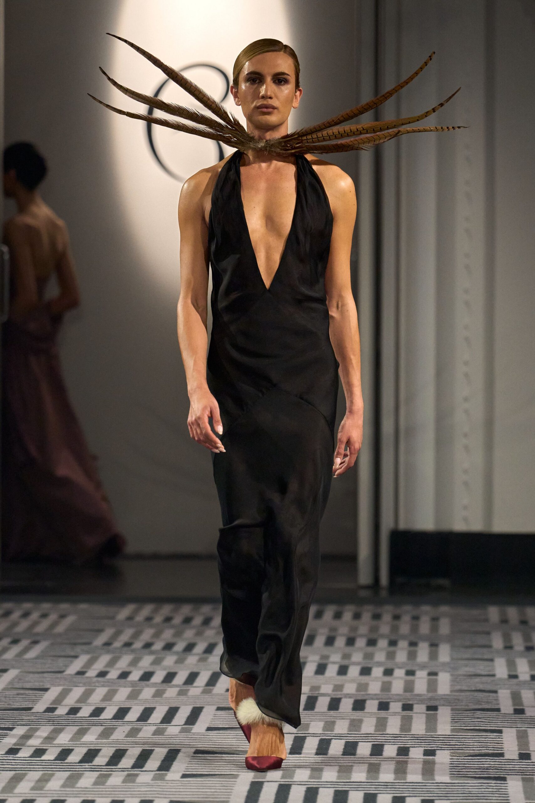 black silk sleeveless v-neck fitted flowing maxi gown