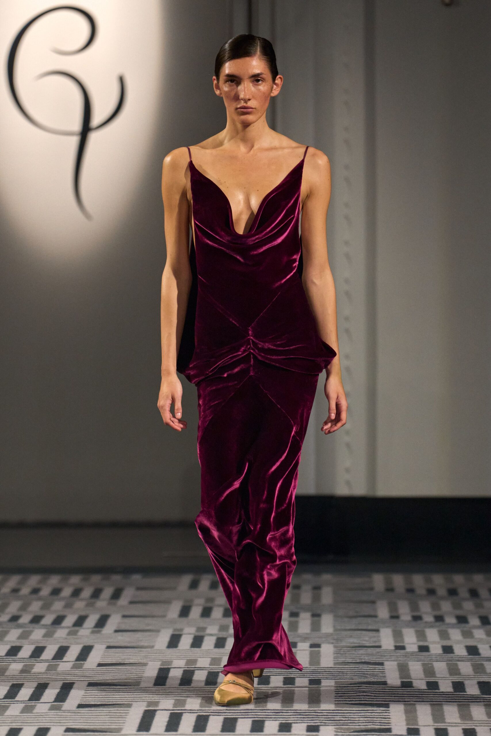 purple velvet sleeveless v-neck fitted ruched maxi gown