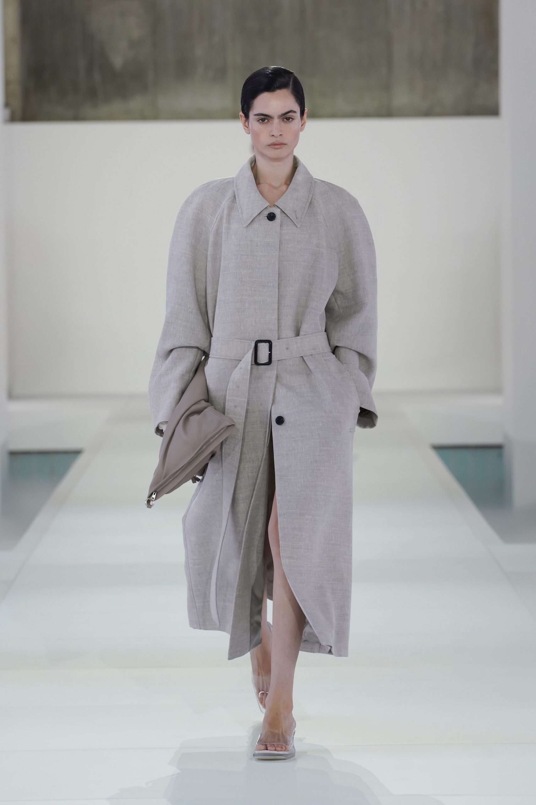 beige cotton long-sleeve collared oversized belted coat