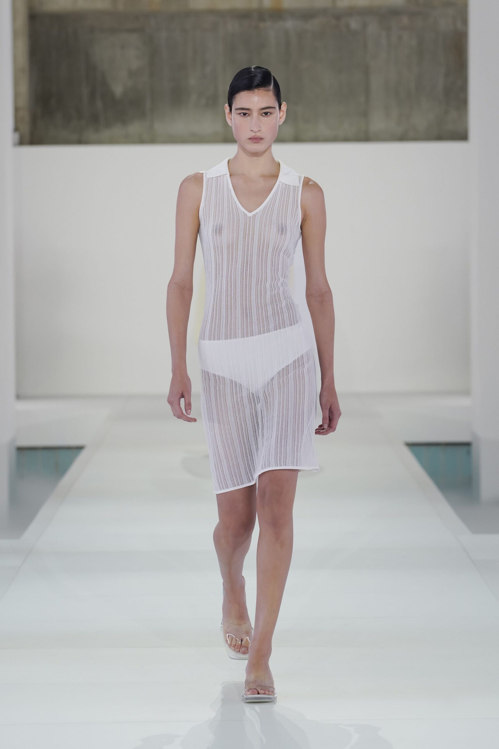 white mesh sleeveless v-neck fitted striped sheer dress