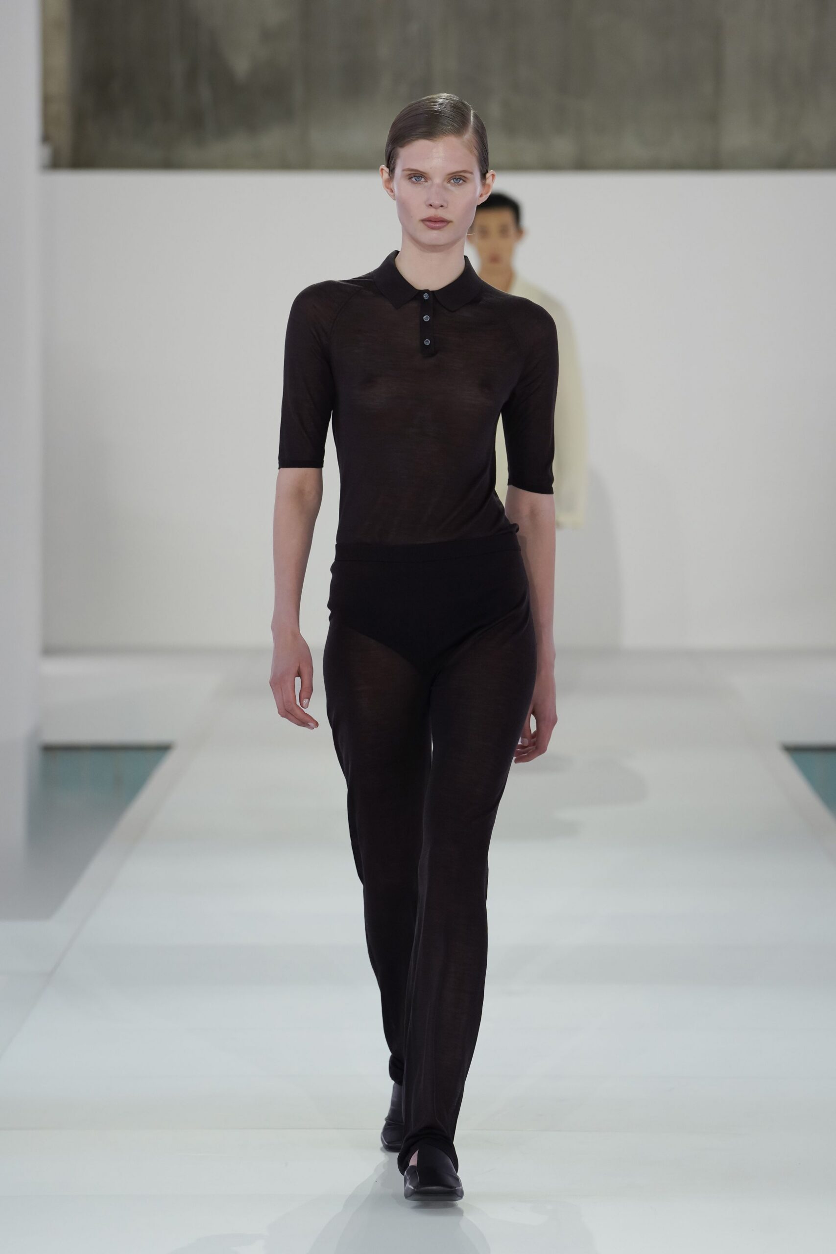 black cotton long-sleeve collared fitted textured sheer bodysuit