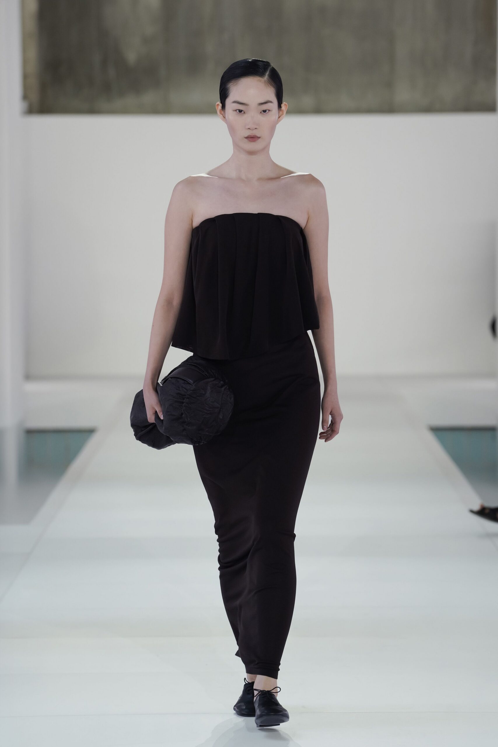 black silk sleeveless off-shoulder fitted draped midi dress