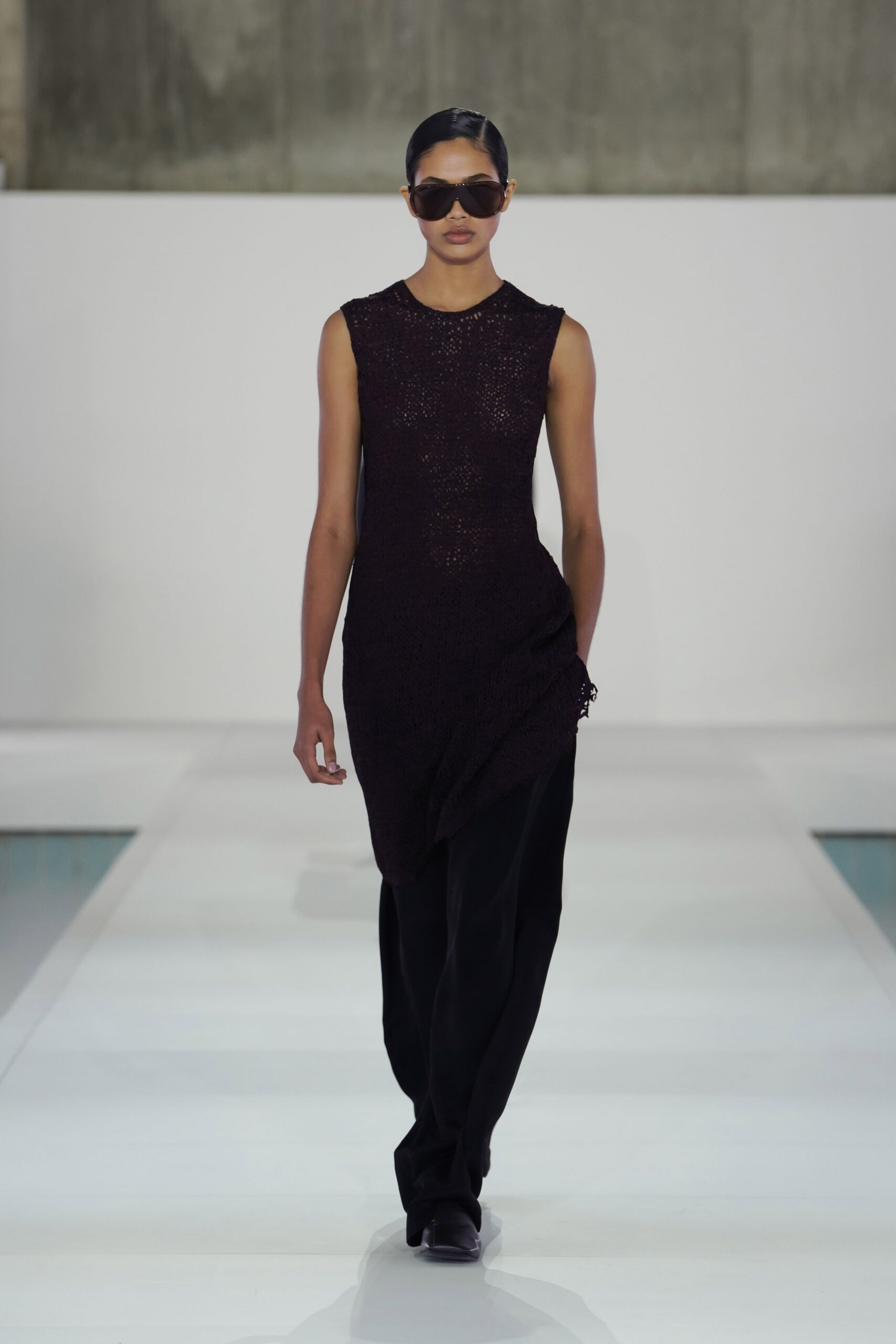 black silk sleeveless asymmetric fitted textured midi dress