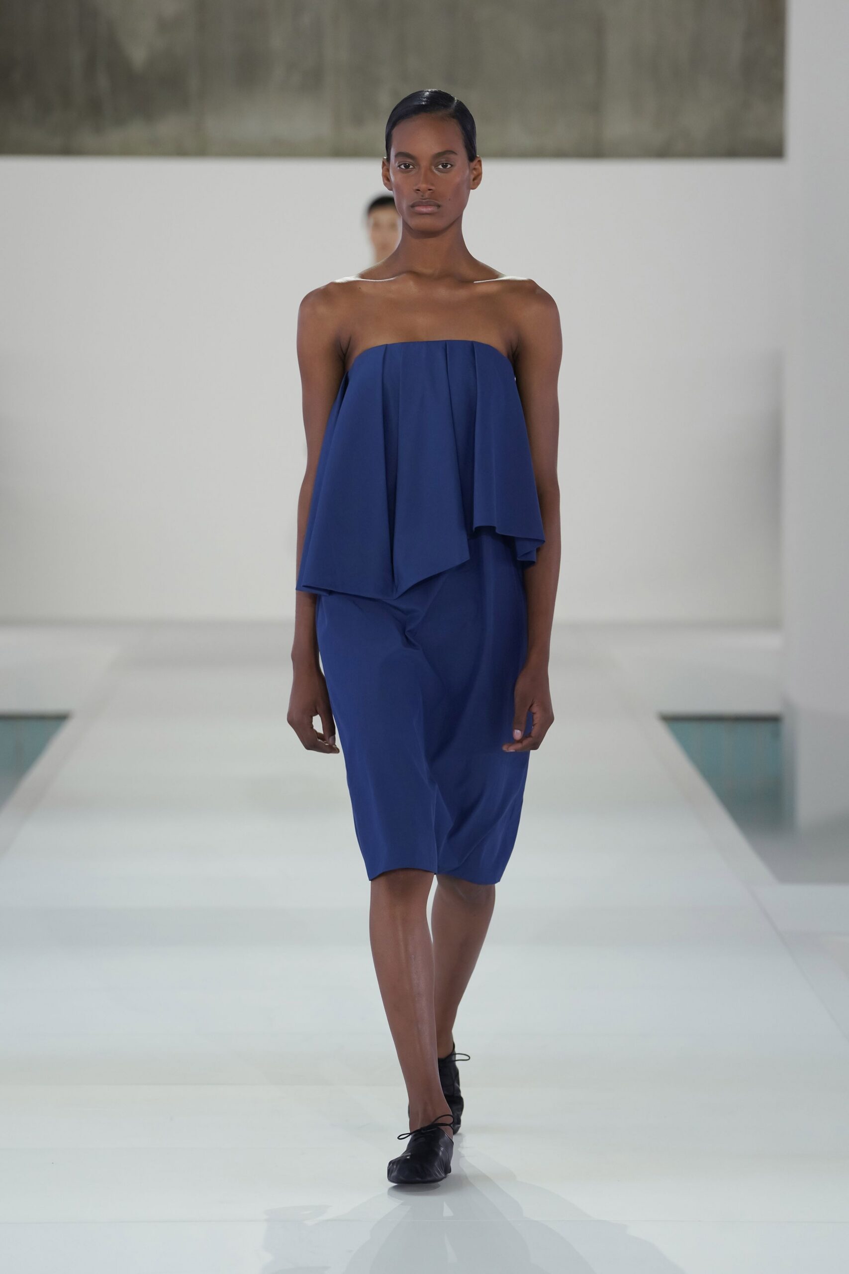 blue cotton strapless relaxed draped midi dress
