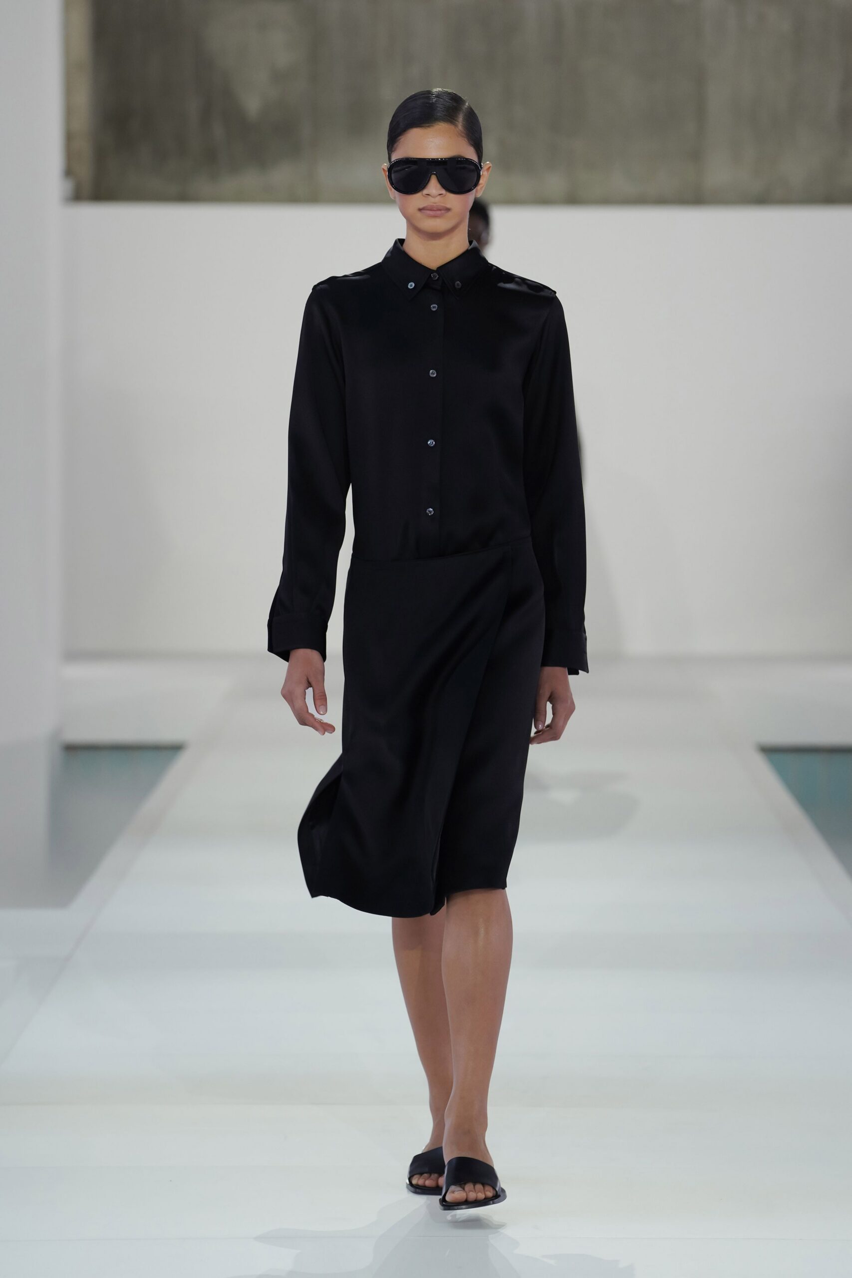 black silk long-sleeve collared fitted buttoned midi dress